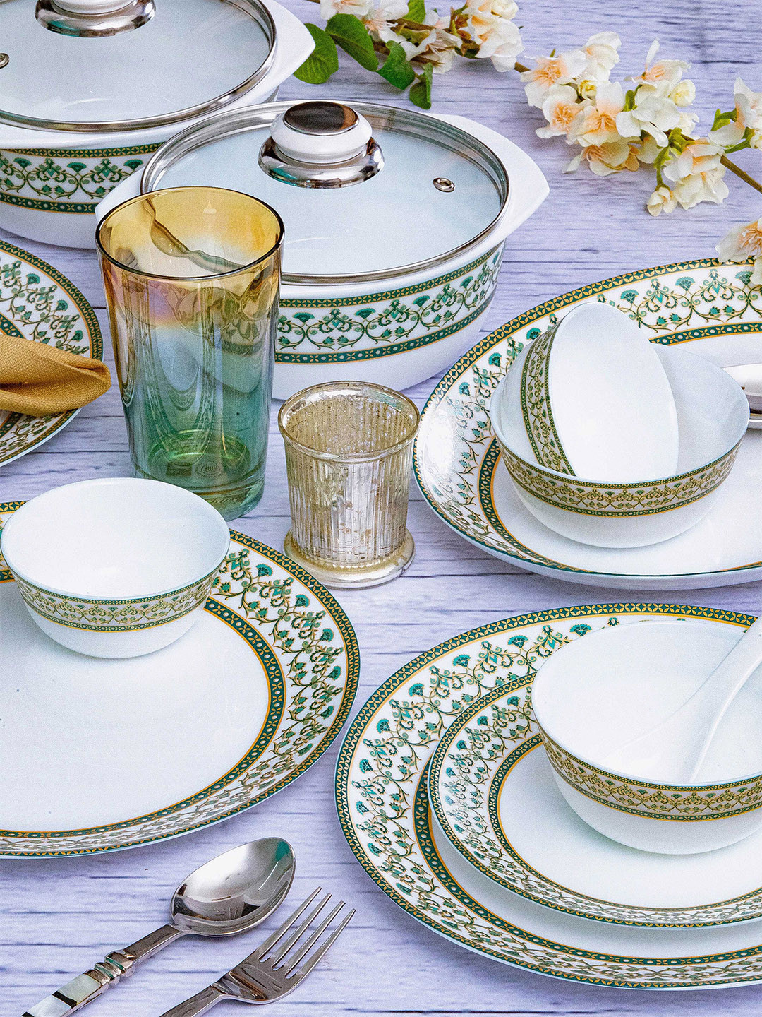 Cello White & Green 35 Pieces Floral Printed Opalware Glossy Dinner Set