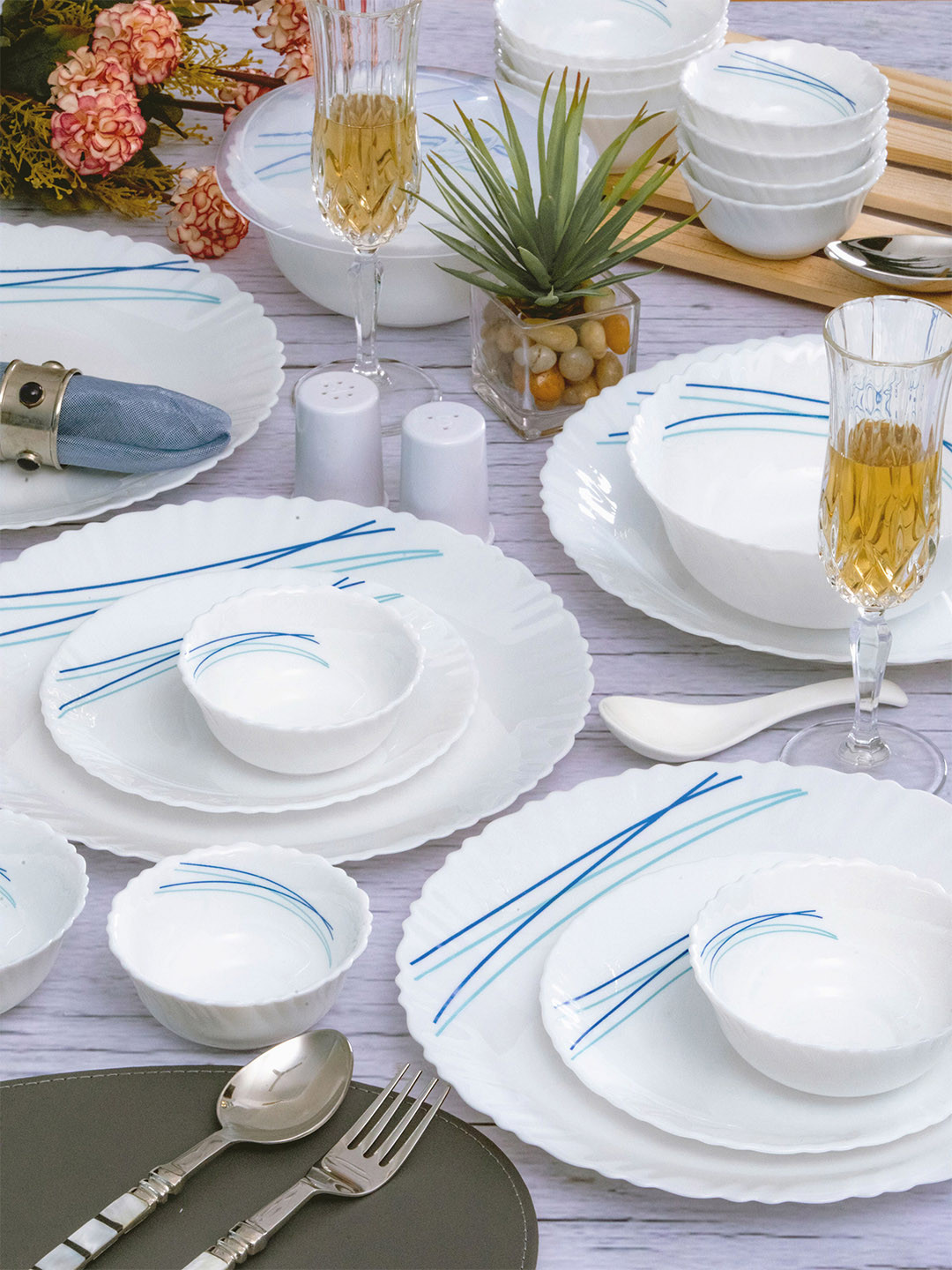 Cello White & Blue 31 Pieces Printed Opalware Glossy Dinner Set
