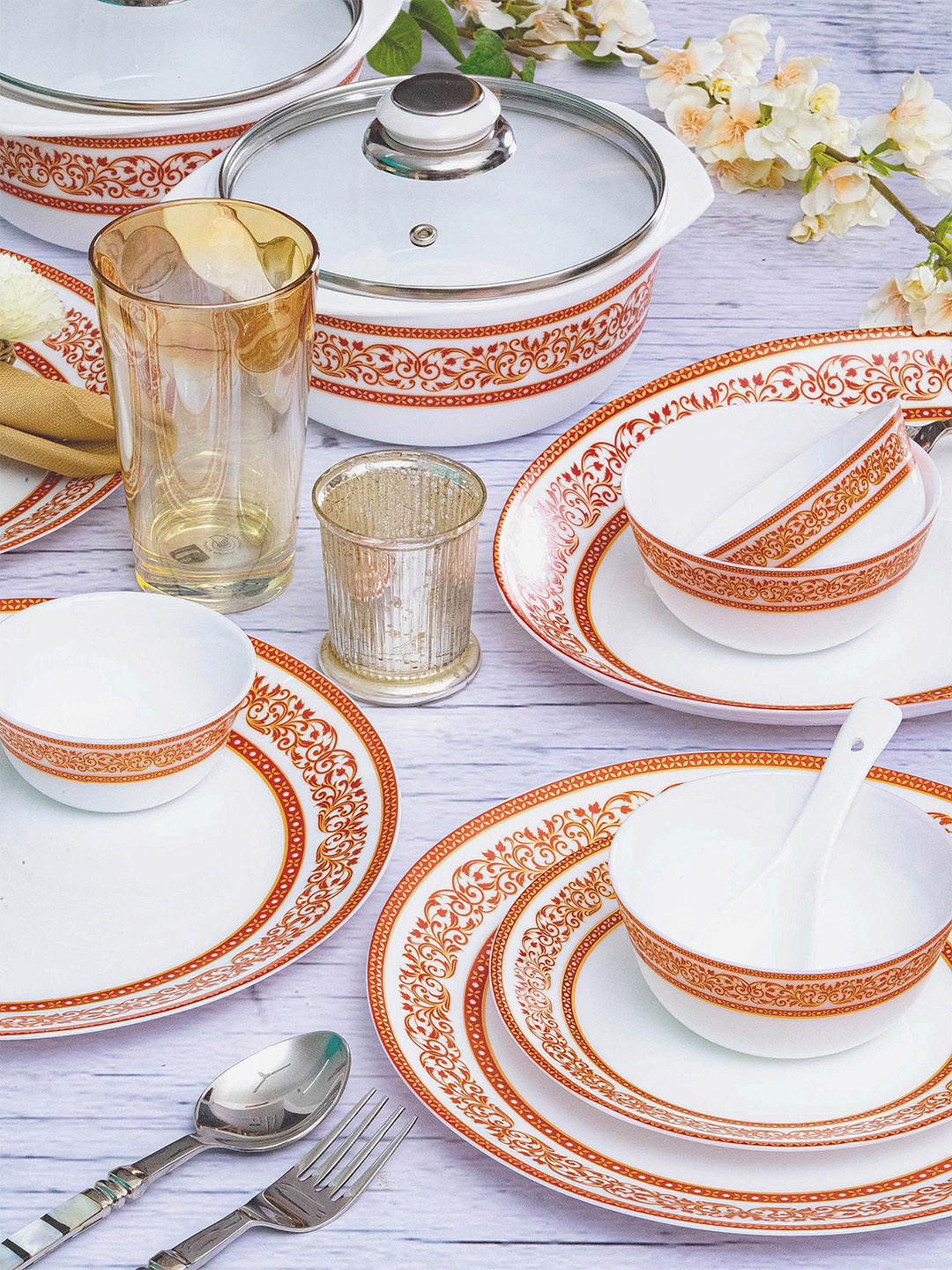 Cello White & Red 35 Pieces Ethnic Motifs Printed Opalware Glossy Dinner Set