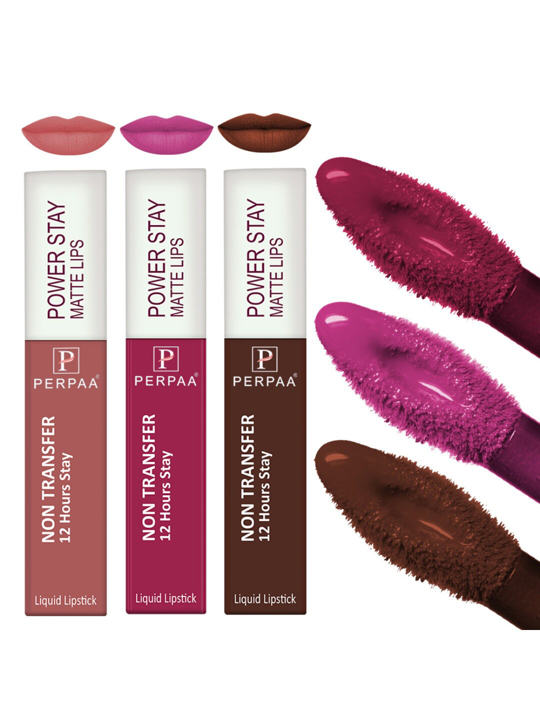PERPAA Set of 3 Power Stay Non-Transfer & Long-Lasting Velvet Matte Liquid Lipstick 5 g-Pink 10 - Brown 16 - Red 22