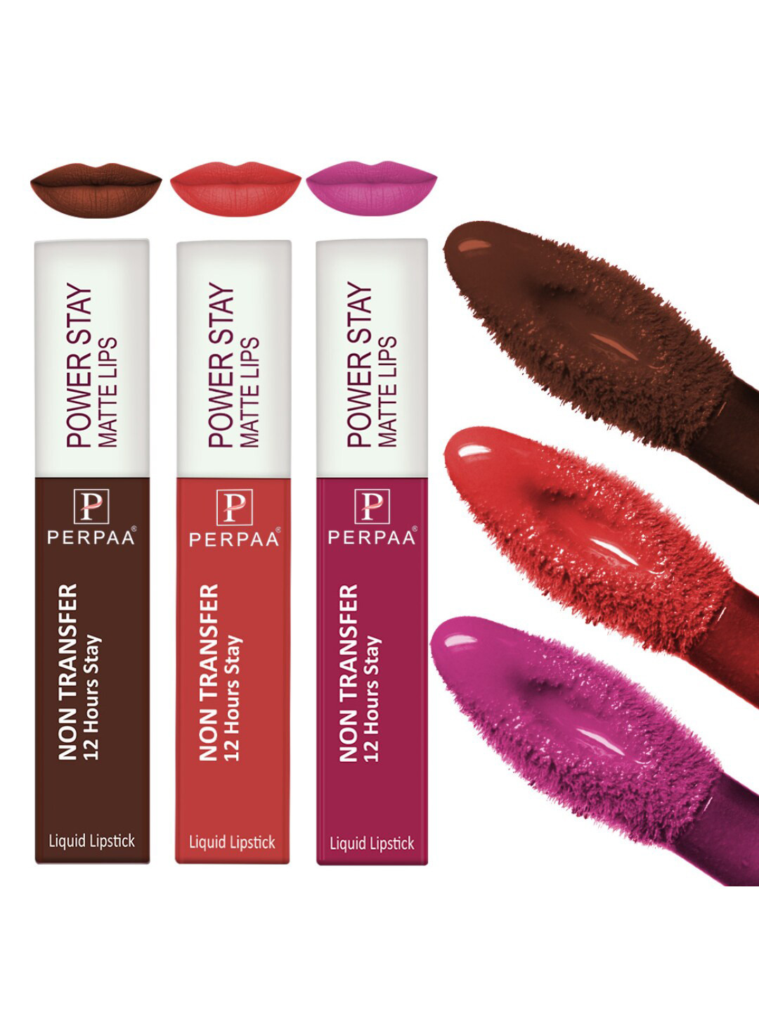PERPAA Set of 3 Power Stay Non-Transfer & Long-Lasting Velvet Matte Liquid Lipstick 5 g-Pink 10 - Brown 16 - Bright Red 01