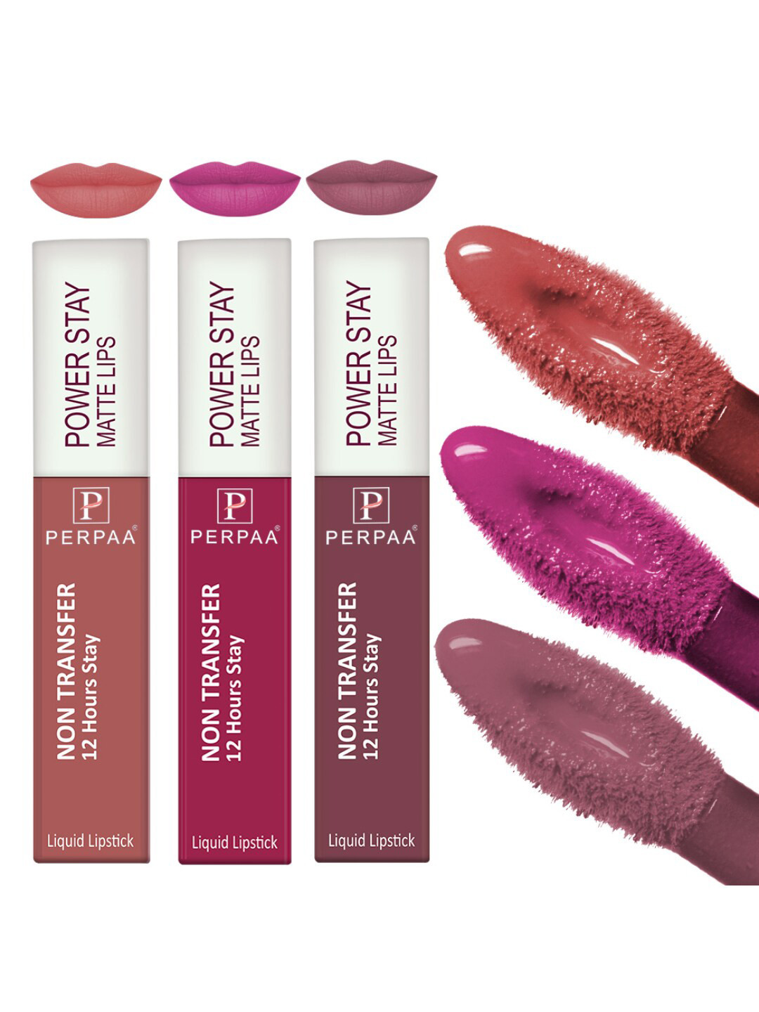 PERPAA Powerstay Set Of 3 Waterproof Liquid Matte Lipstick-4ml Each-Mauve 23-Nude 21-Pink 10