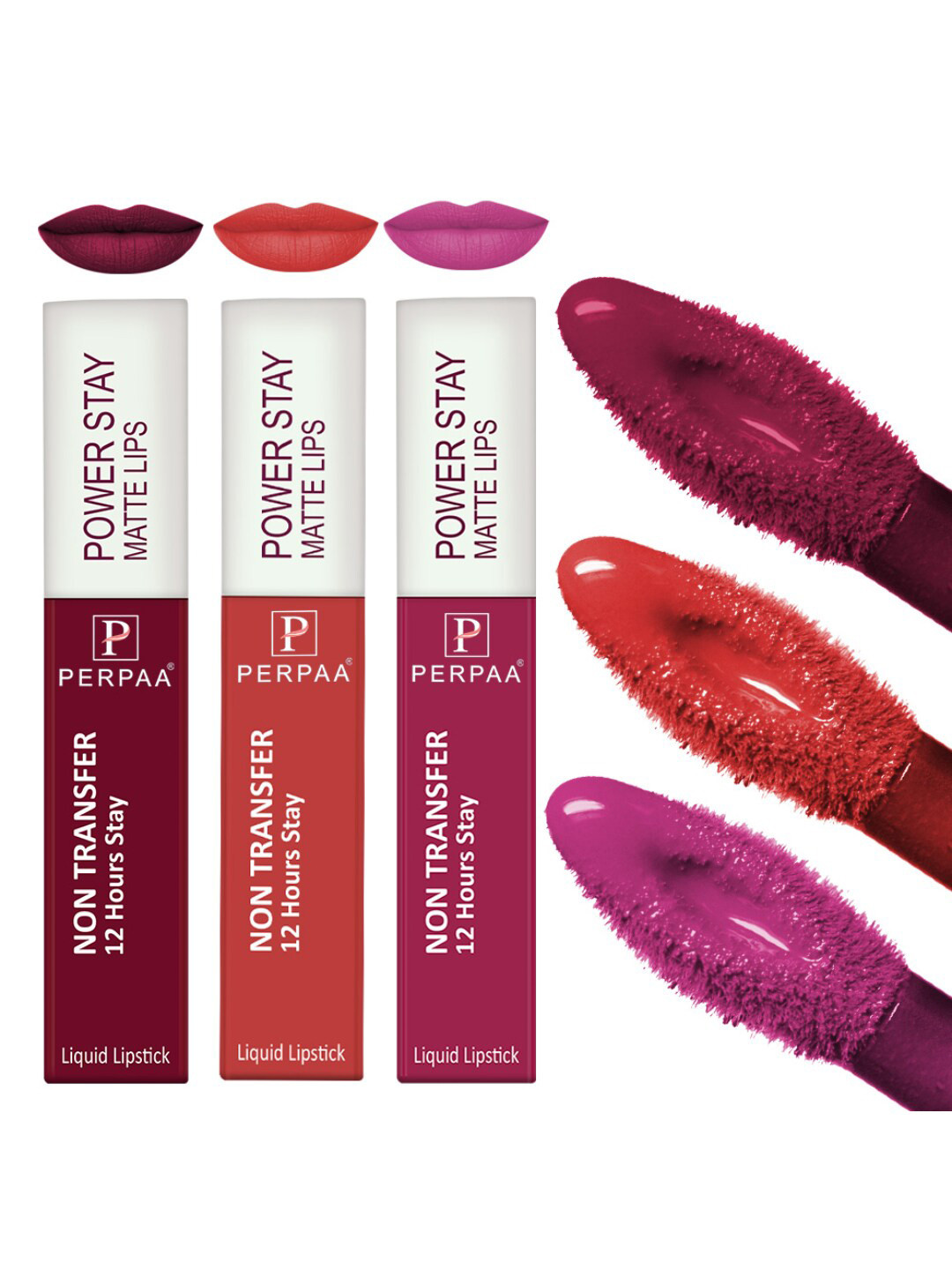 PERPAA Powerstay Set Of 3 Waterproof Liquid Matte Lipstick-4ml Each-Bright Red 01-Maroon 09-Pink 10