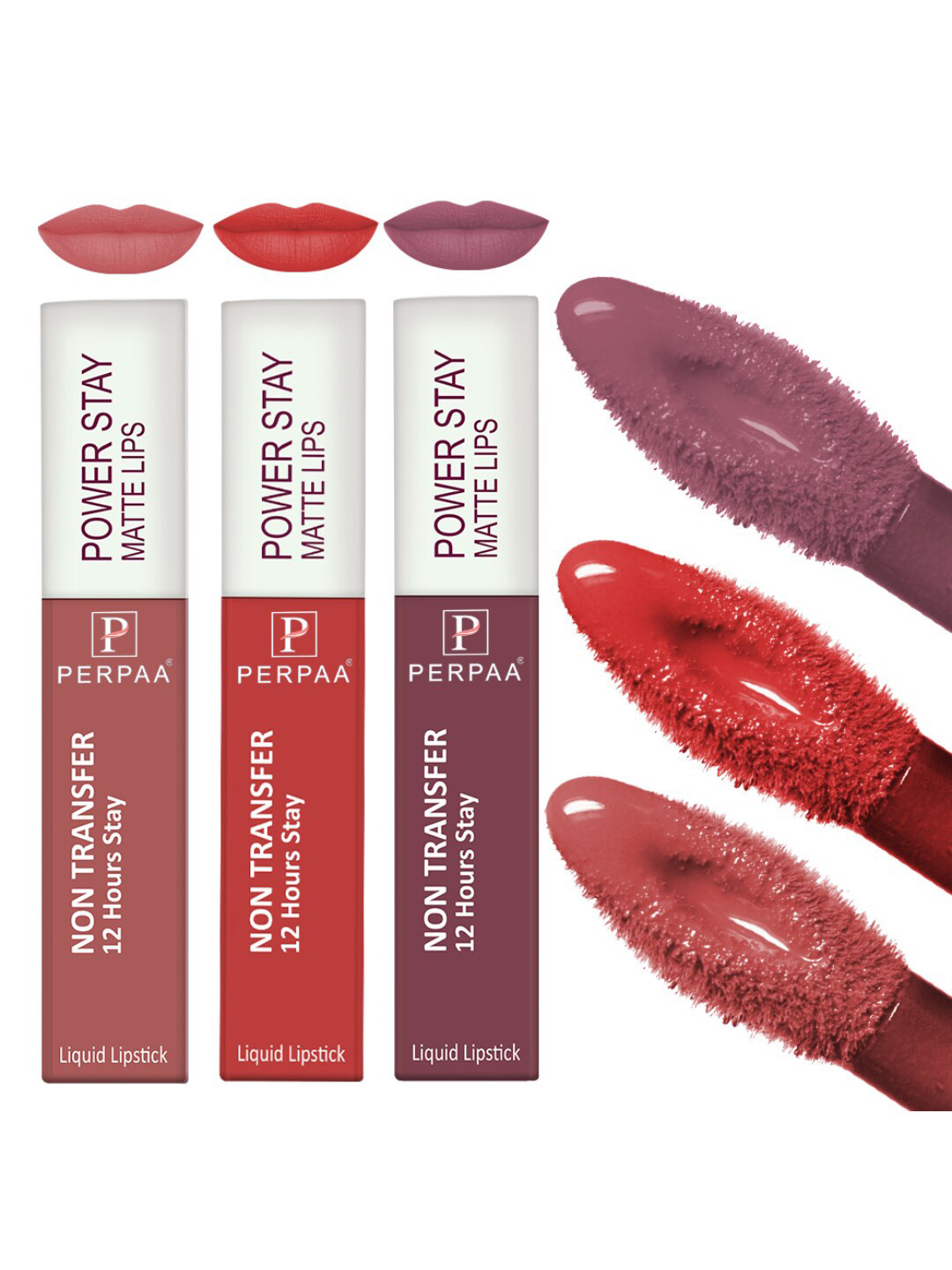 PERPAA  Powerstay Set Of 3 Waterproof Liquid Matte Lipstick-4ml Each-Mauve 23-Nude 21-Bright Red 01