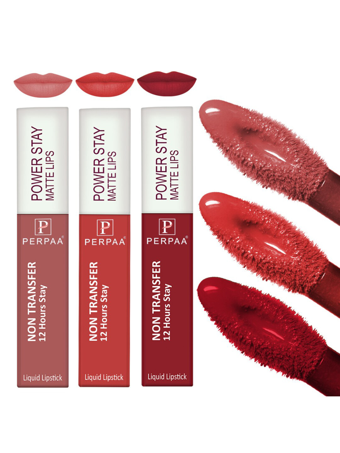 PERPAA Power Stay Set Of 3 Non-Transfer 12Hours Stay Liquid Matte Lipstick - 4 ml Each