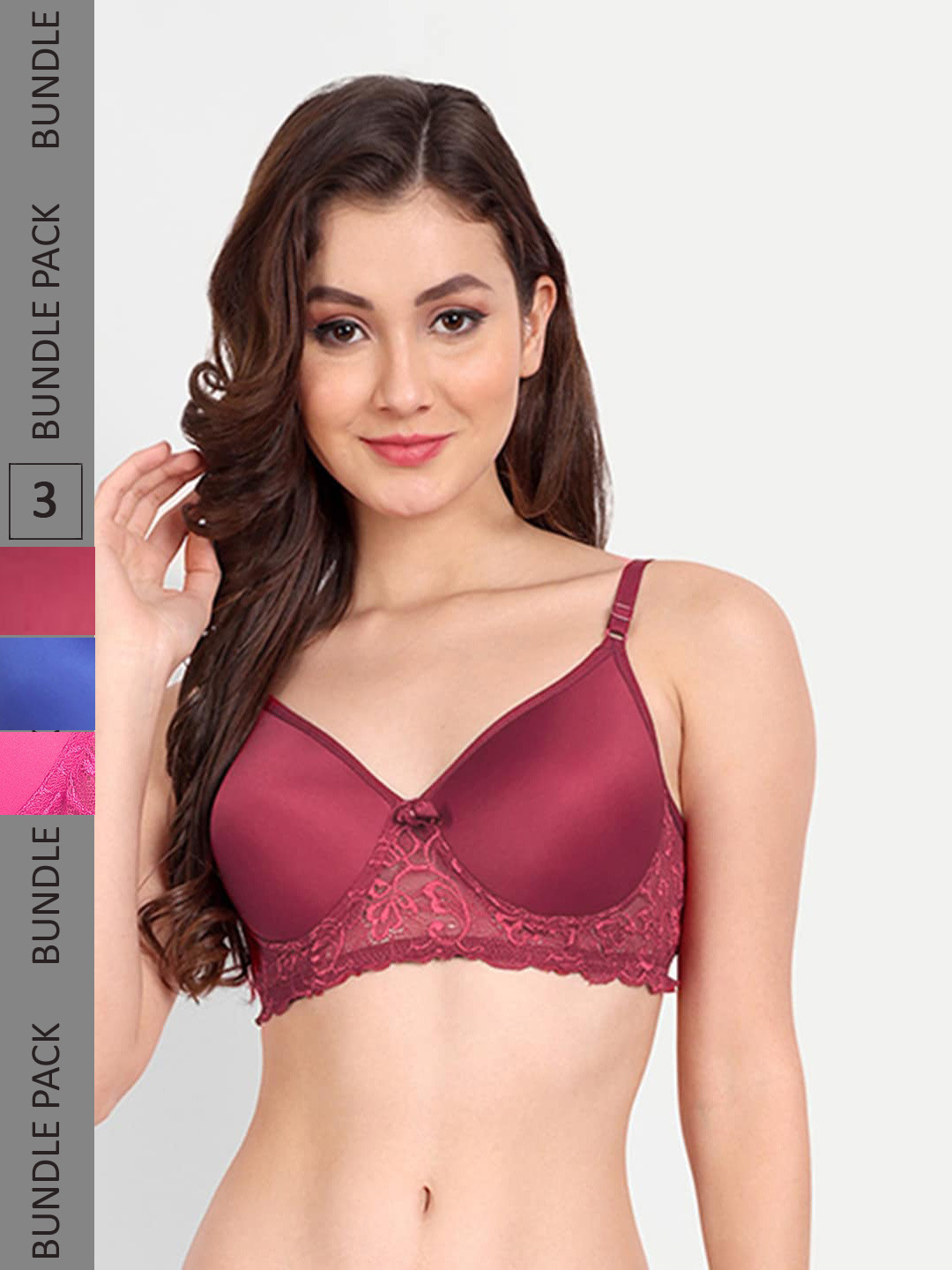 FIMS Pack of 3 Rapid-Dry Lace Lightly Padded Bra Fancy_Pad_Bra_BlueRaniMaroon