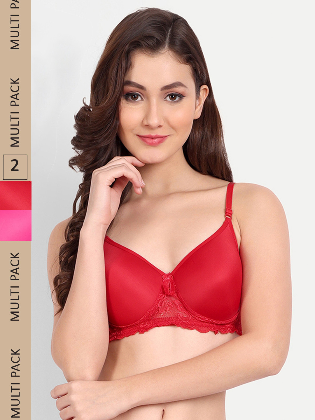 FIMS Pack of 2 Rapid-Dry Lace Lightly Padded Bra Fancy_Pad_Bra_RedRani