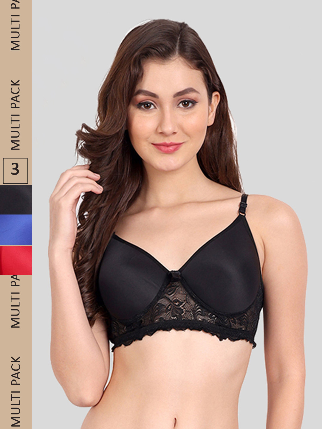 FIMS Pack of 3 Rapid-Dry Lace Lightly Padded Bra Fancy_Pad_Bra_BlackRedBlue