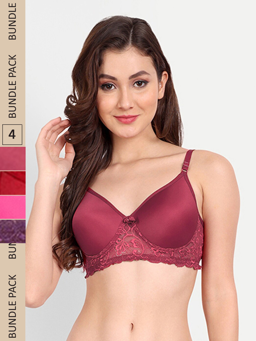 FIMS Pack of 4 Rapid-Dry Lace Lightly Padded Bra Fancy_Pad_Bra_RedRaniPurpleMaroon