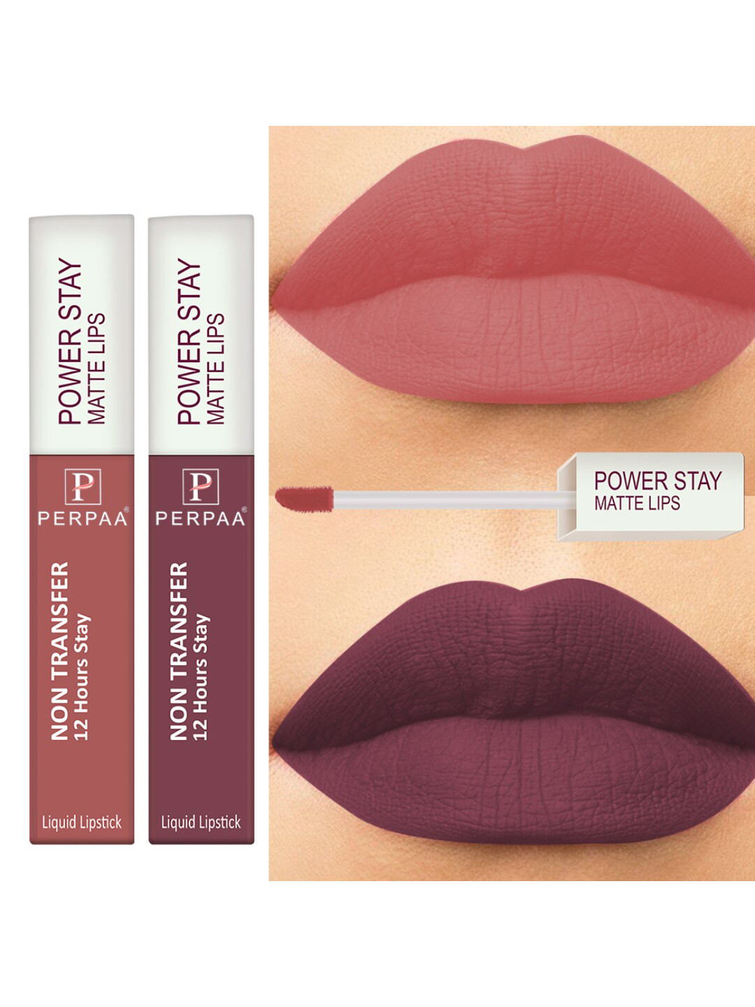PERPAA Set of 2 Power Stay Non-Transfer & Long-Lasting Velvet Matte Liquid Lipstick 5 g-Mauve 23 - Nude 21