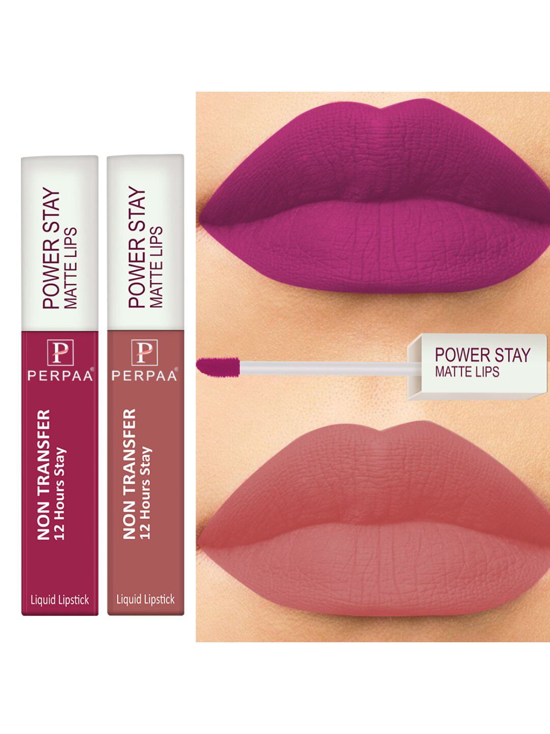 PERPAA Set of 2 Power Stay Non-Transfer & Long-Lasting Velvet Matte Liquid Lipstick 5 g-Pink 10 - Nude 21