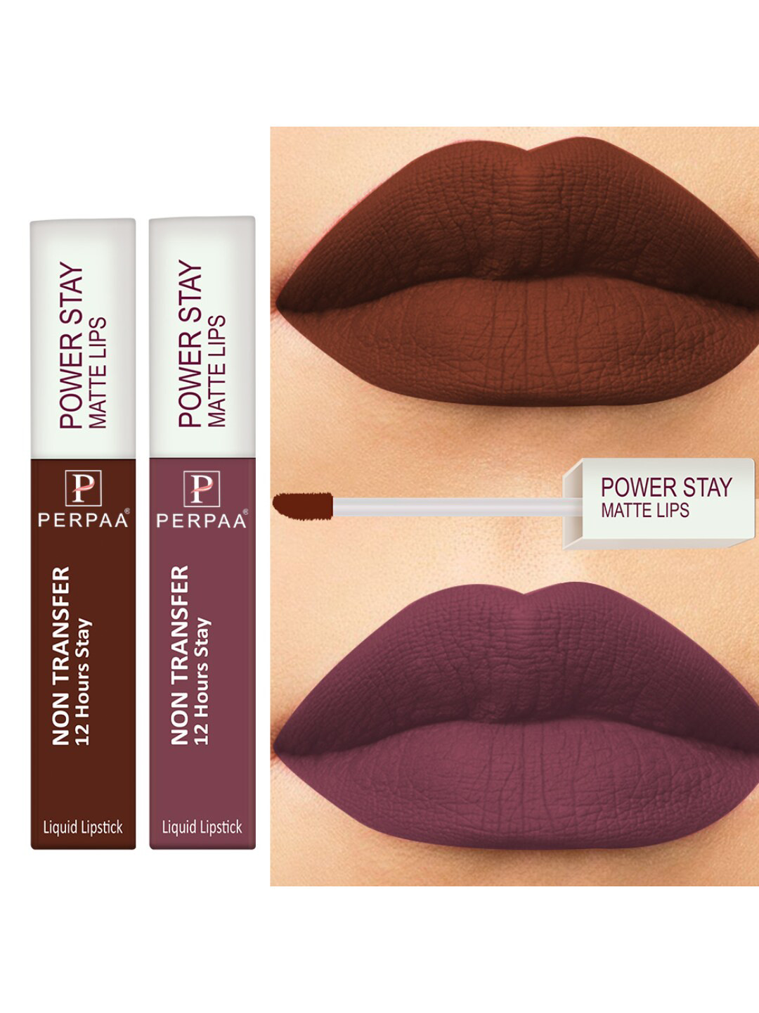 PERPAA Set of 2 Power Stay Non-Transfer & Long-Lasting Velvet Matte Liquid Lipstick 5 g-Mauve 23 - Brown 16