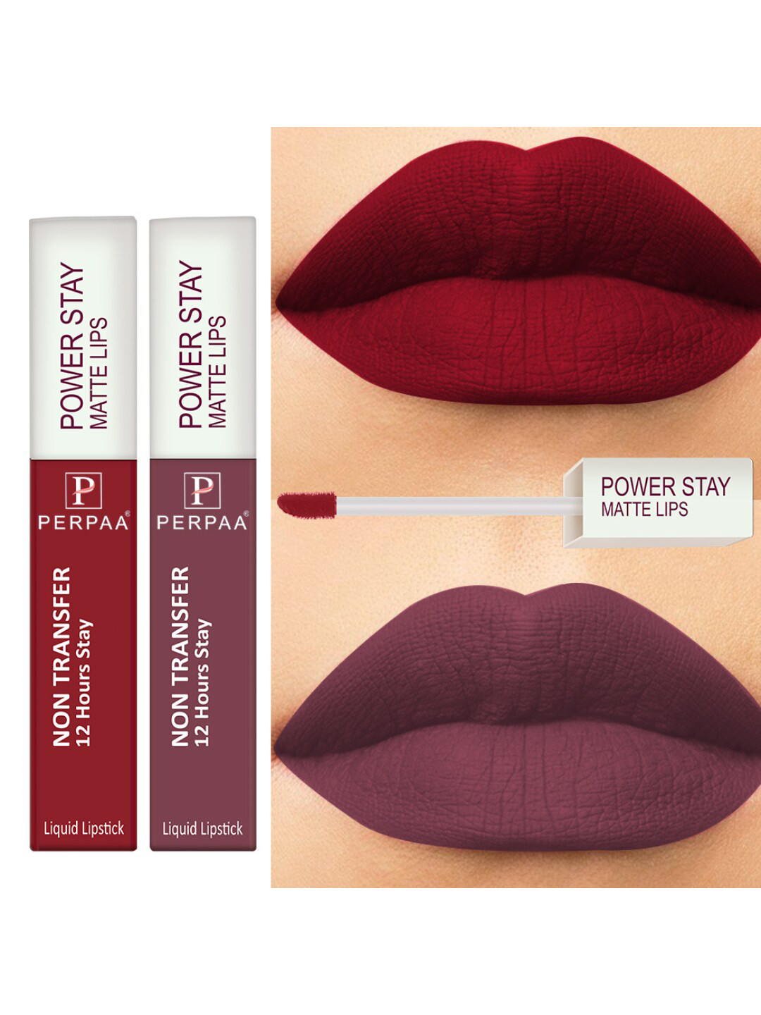 PERPAA Set of 2 Power Stay Non-Transfer & Long-Lasting Velvet Matte Liquid Lipstick 5 g-Mauve 23 - Red 22