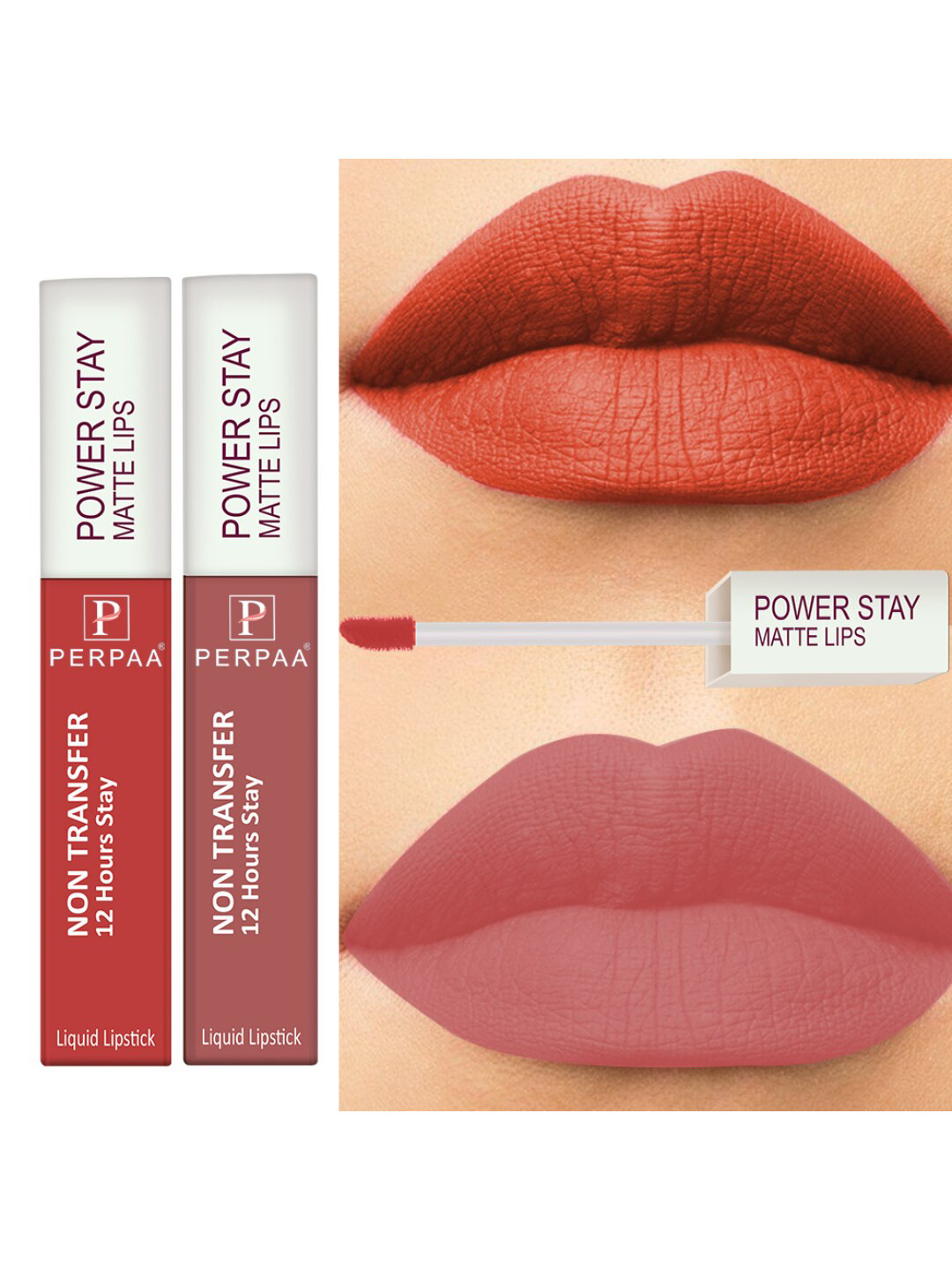 PERPAA Set Of 2 Power Stay Non-Transfer Velvet Matte Lipstick 10g- Bright Red 01 & Nude 21