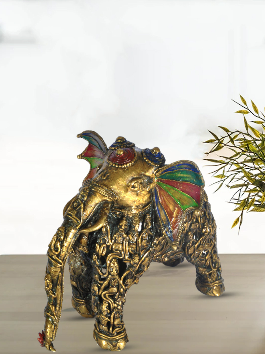 SHREE KALA HOME DECOR Majestic Elephant Brown Brass Metallic Living Room Hand-Crafted Medium Showpiece - 13 Inches