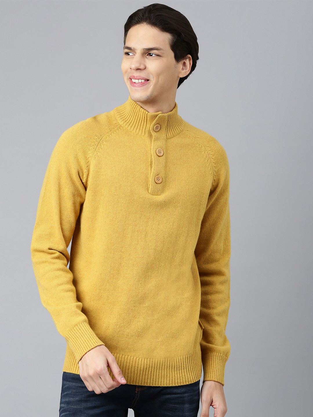 Woodland Men Yellow Mock Collar Long Sleeves Wool Pullover