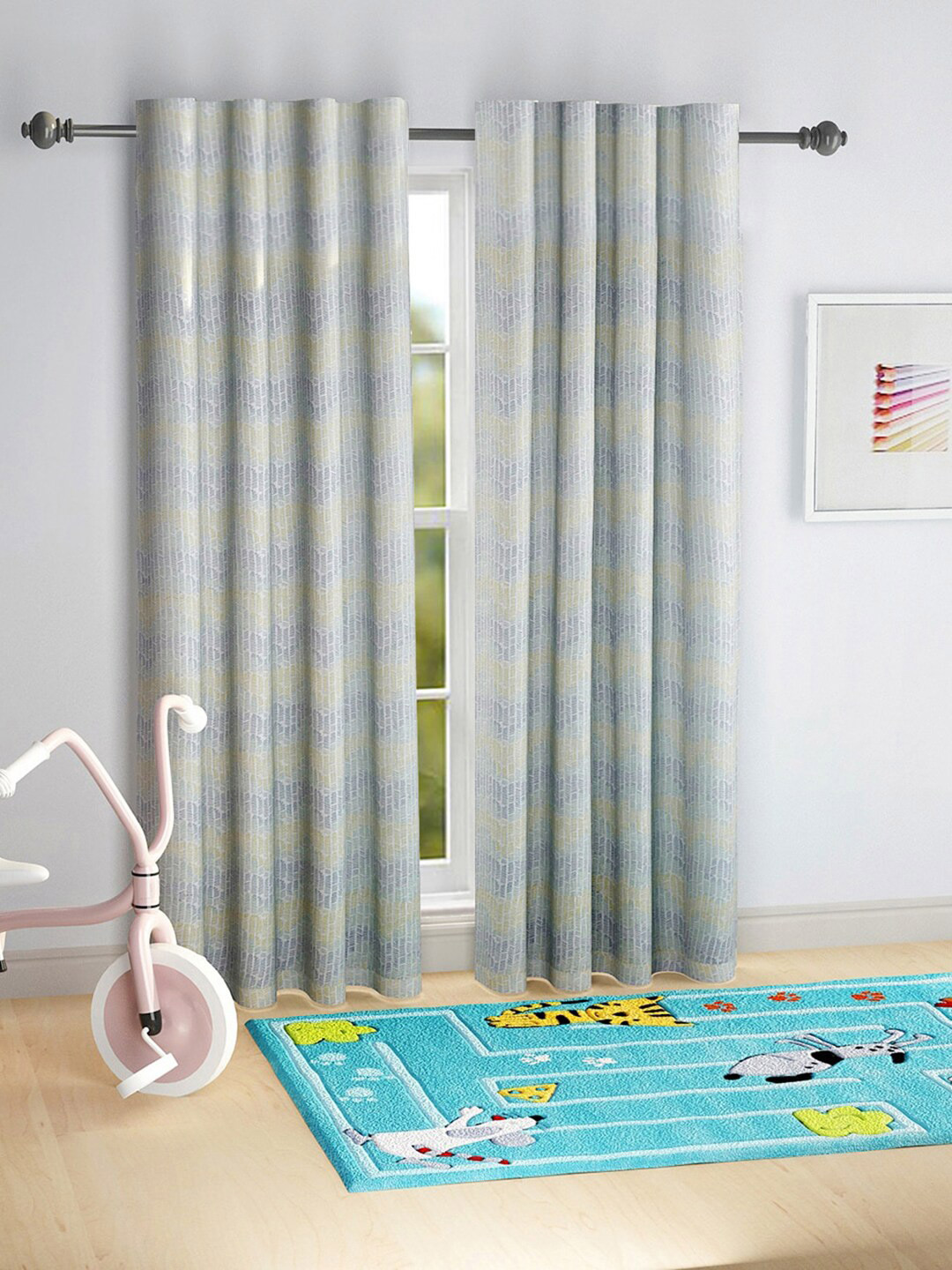 Fabindia White & Blue Geometric Cotton Long Door Curtain