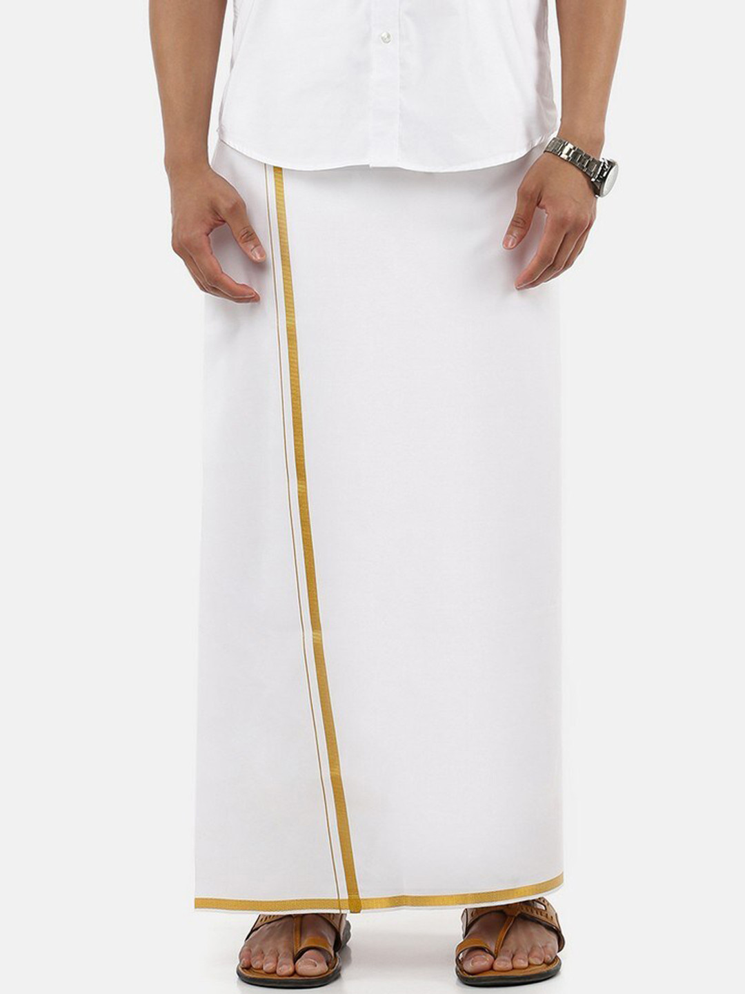 Ramraj Men Cotton Solid Gold Jari Border Single Layer Dhoti