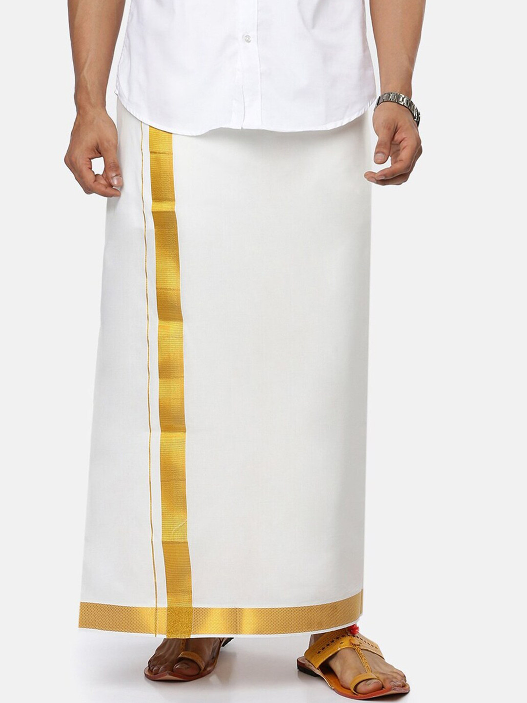 Ramraj Men Solid Gold Jari Border Single Layer Cotton Dhoti