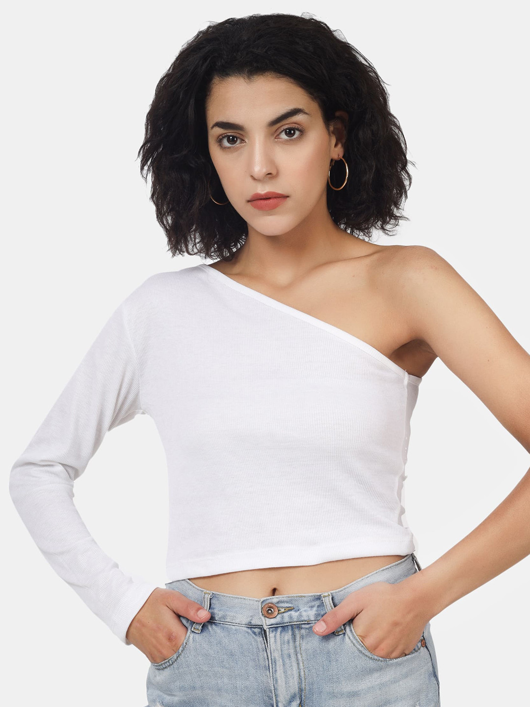 angloindu Women White V-Neck Extended Sleeves Slim Fit T-shirt