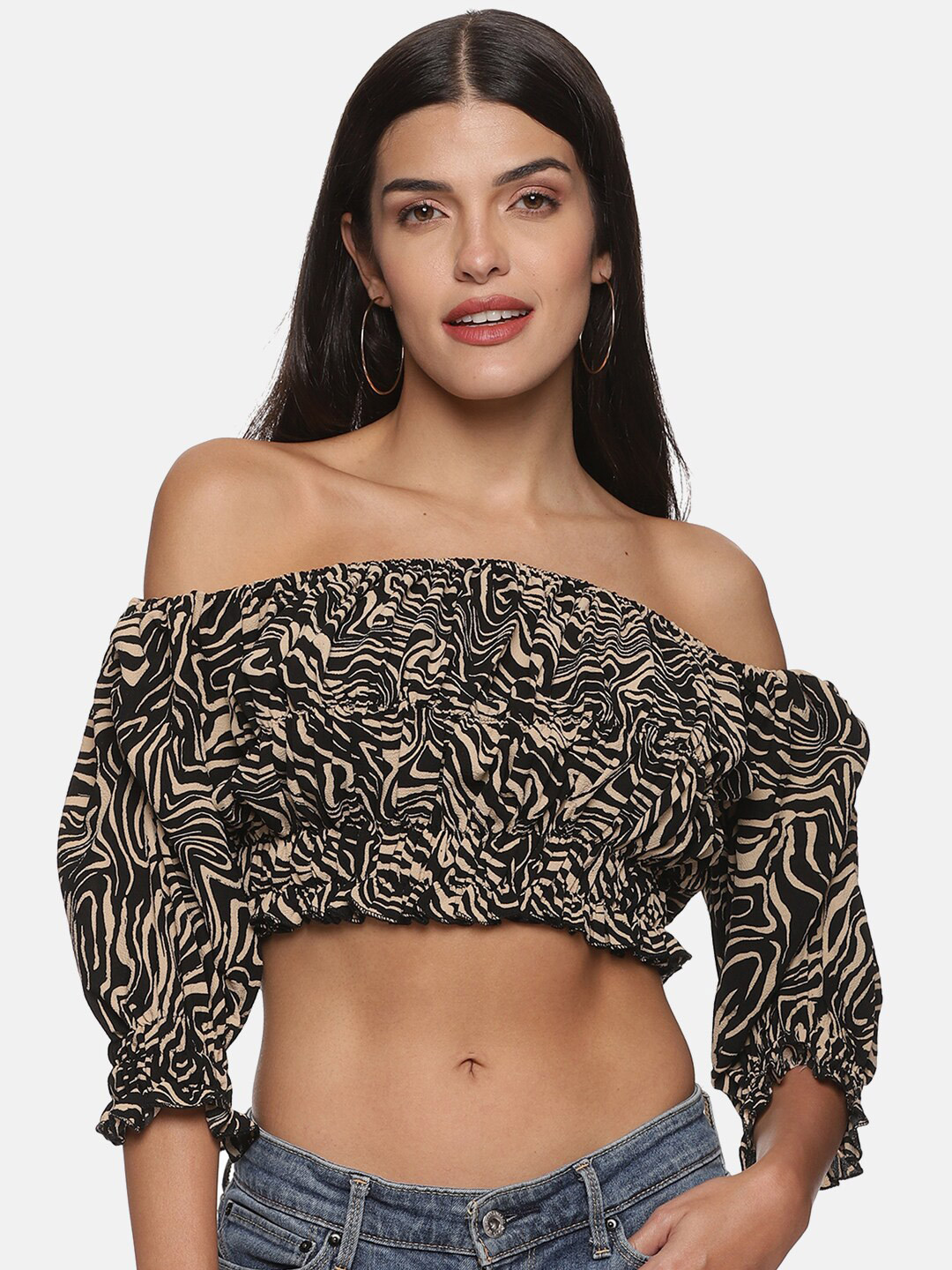 SAHORA Animal Print Off-Shoulder Crepe Bardot Crop Top