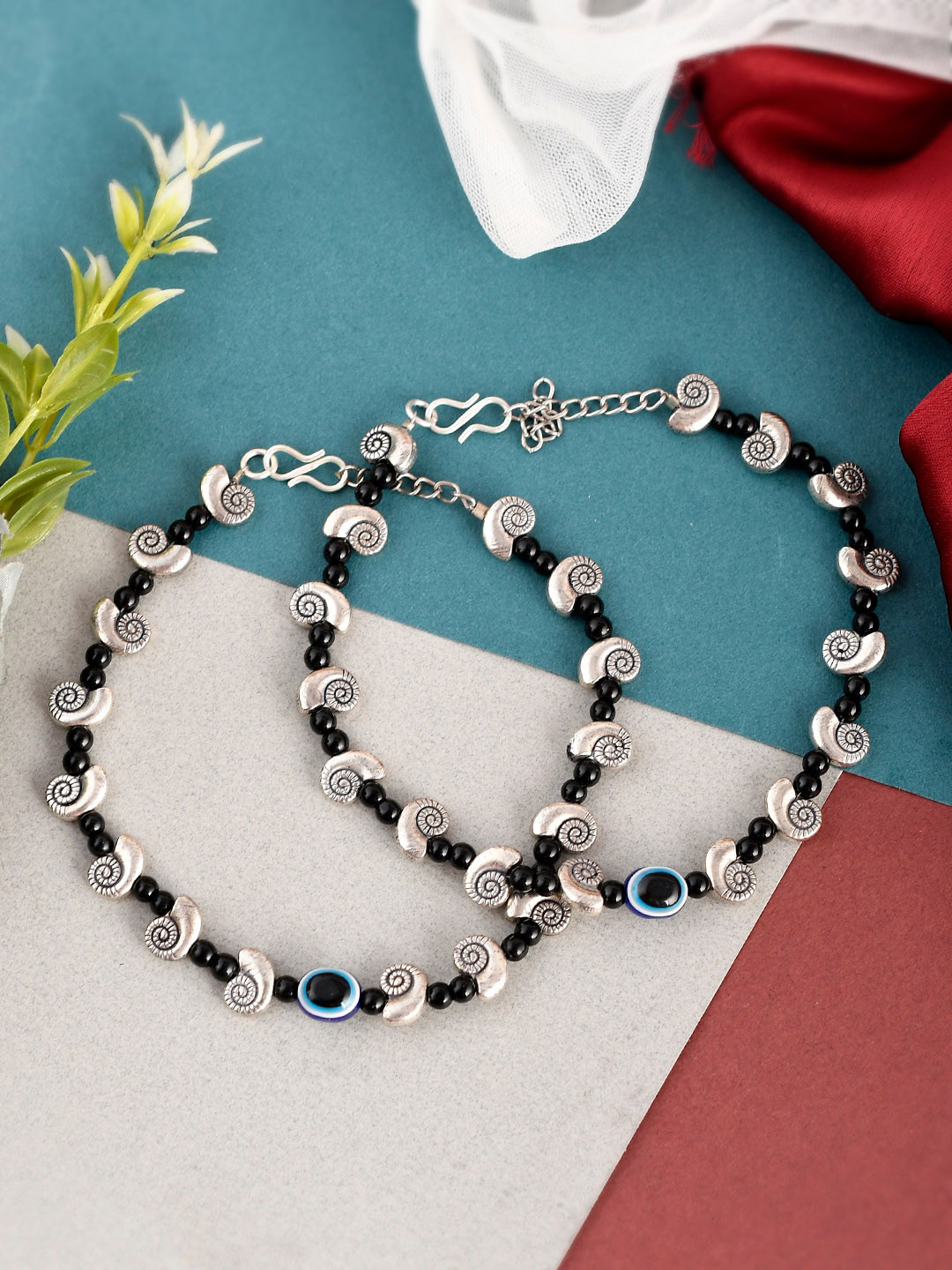 Silvermerc Designs Set of 2 Oxidised Silver-Plated Evil Eye Snail Anklets