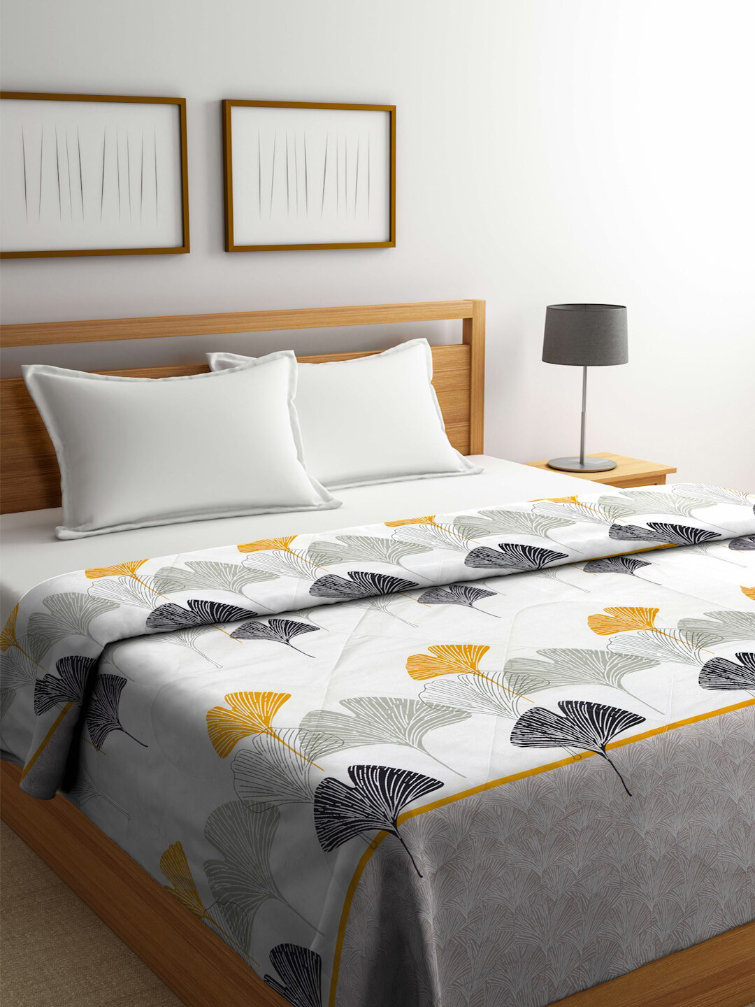 Arrabi Grey & Yellow Floral Mild Winter 450 GSM Double Bed Comforter