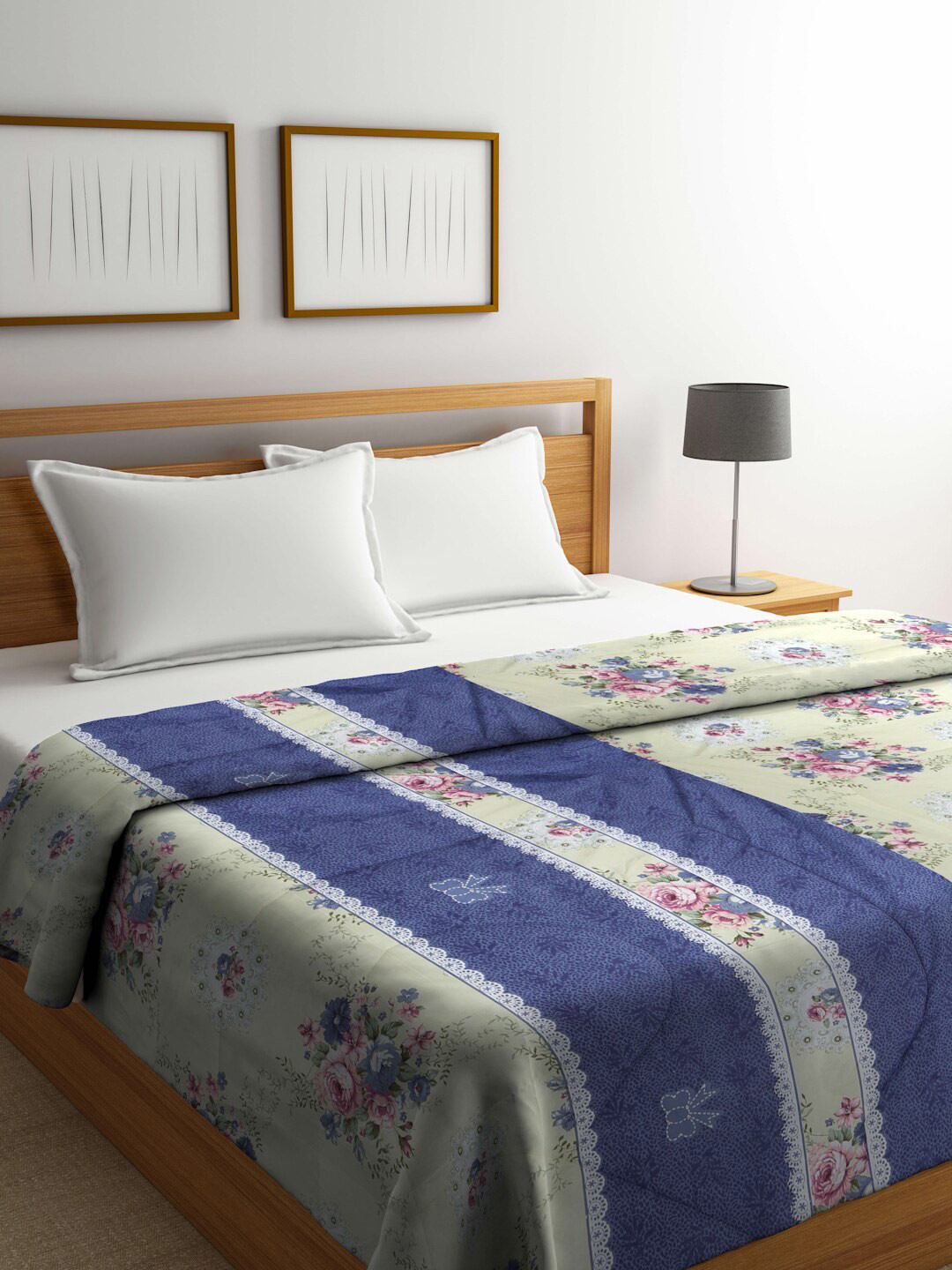 Arrabi White & Navy Blue Floral Mild Winter 450 GSM Double Bed Comforter