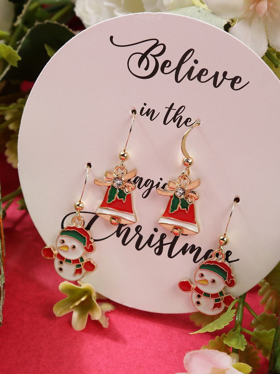 EL REGALO Christmas Red Pack of 2 Gold Plated Star Shaped Drop Earrings