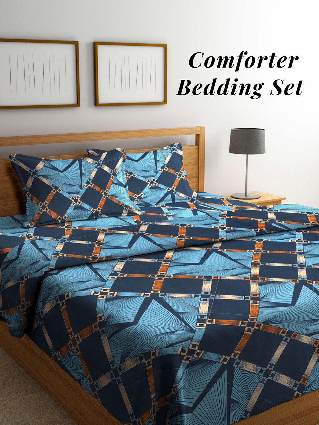 Arrabi Blue & Brown Geometric Mild Winter 550 GSM Double Bed Comforter & 2 Pillow Covers