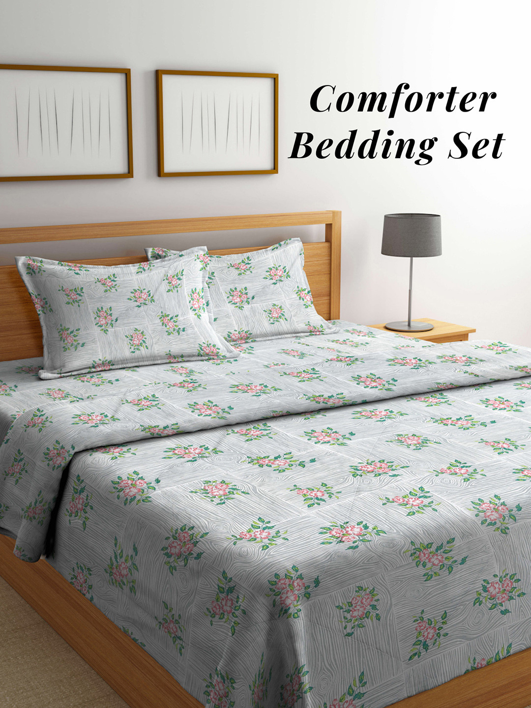 Arrabi Grey & Green Floral Mild Winter 550 GSM Double Bed Comforter with 2 Pillow Covers