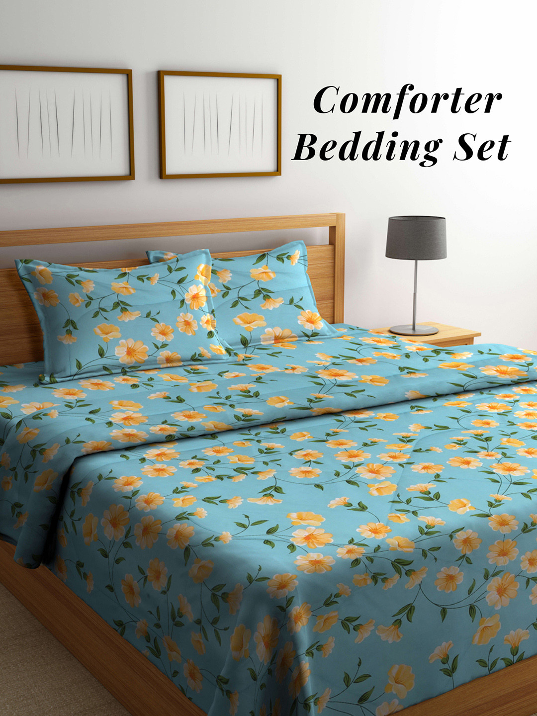 Arrabi Blue & Green Floral Mild Winter 550 GSM Double Bed Comforter with 2 Pillow Covers