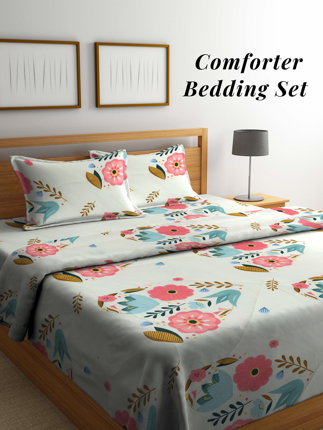 Arrabi Off White & Peach Floral Mild Winter 550 GSM Double Bed Comforter & 2 Pillow Covers