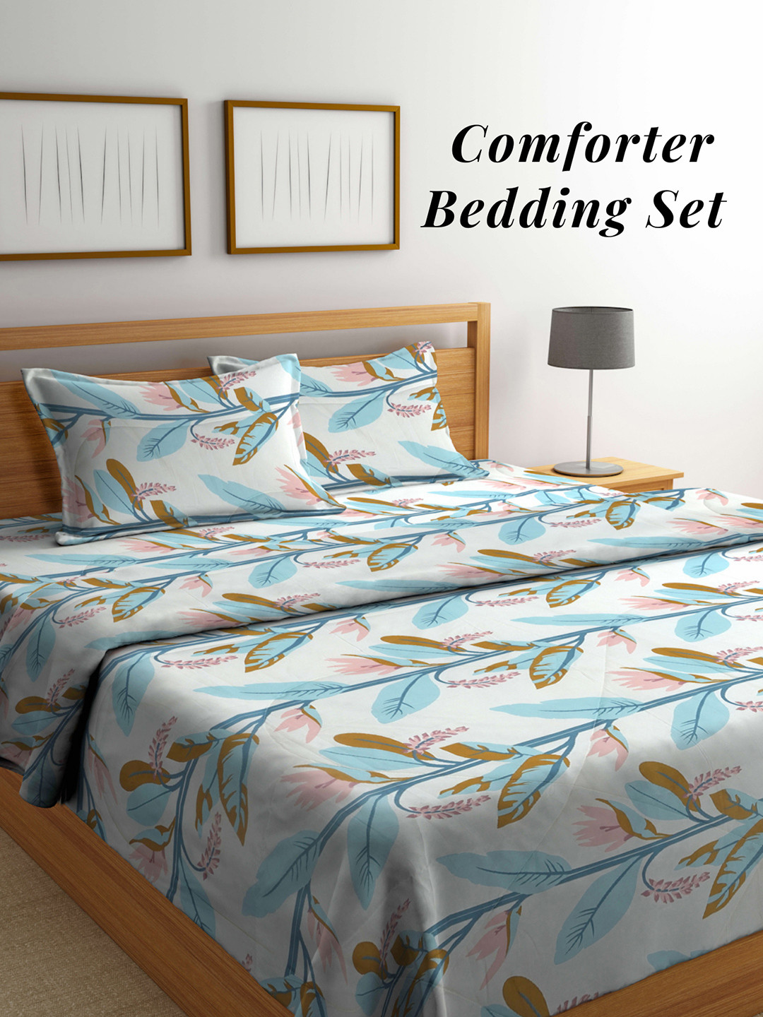 Arrabi White & Blue Floral Mild Winter 550 GSM Double Bed Comforter with 2 Pillow Covers