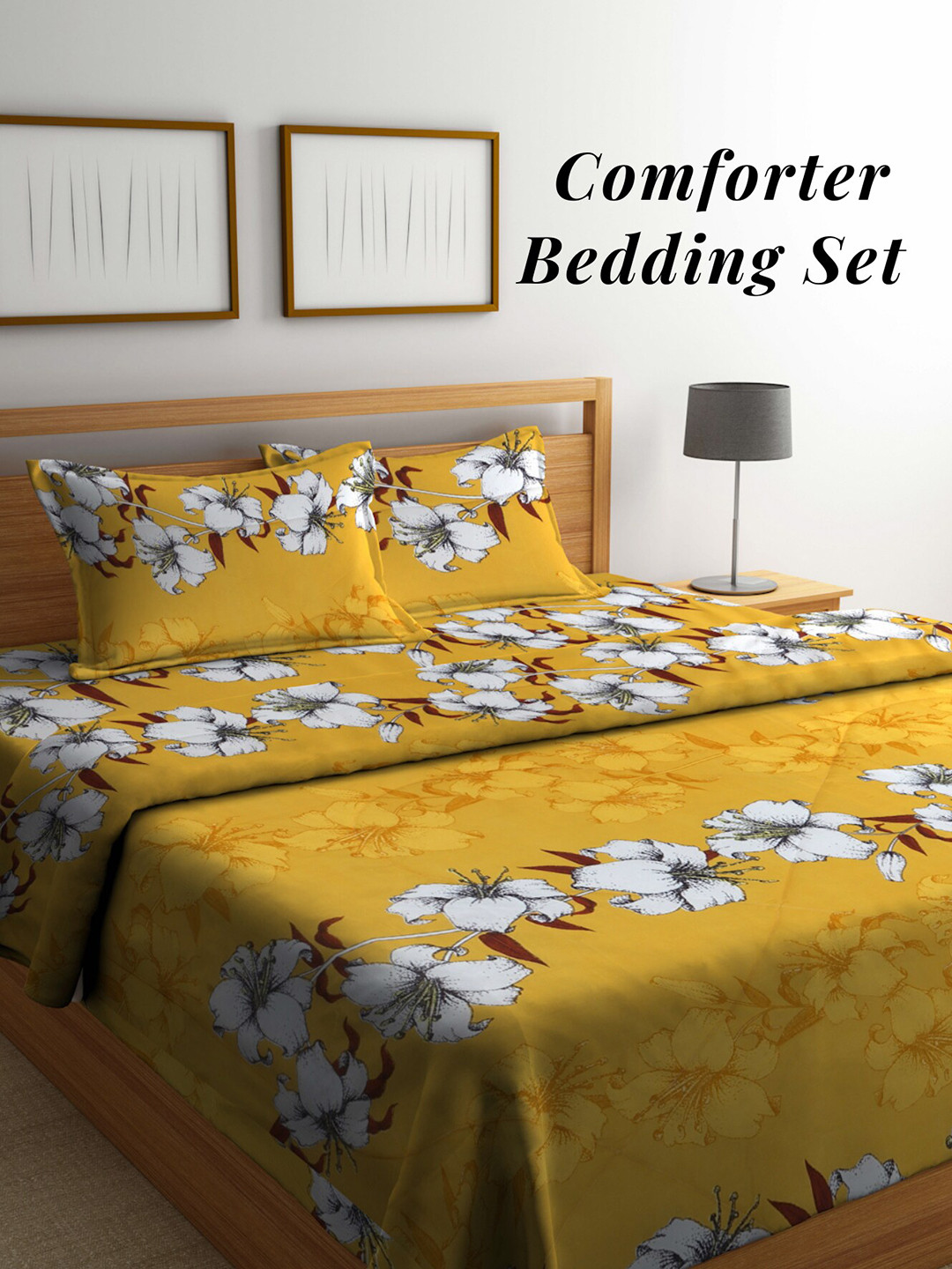 Arrabi Yellow Floral Mild Winter Double Queen Fine Bedsheet With Pillow Covers & Comforter