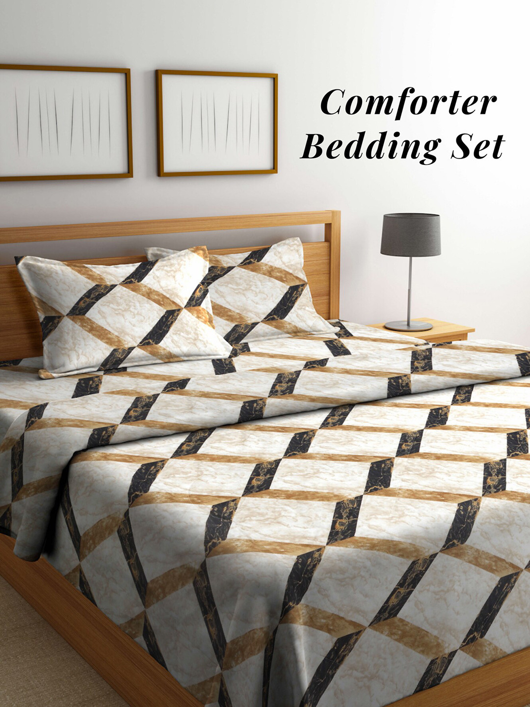 Arrabi Beige & Mustard Geometric Mild Winter 550 GSM Double Bed Comforter & 2 Pillow Cover