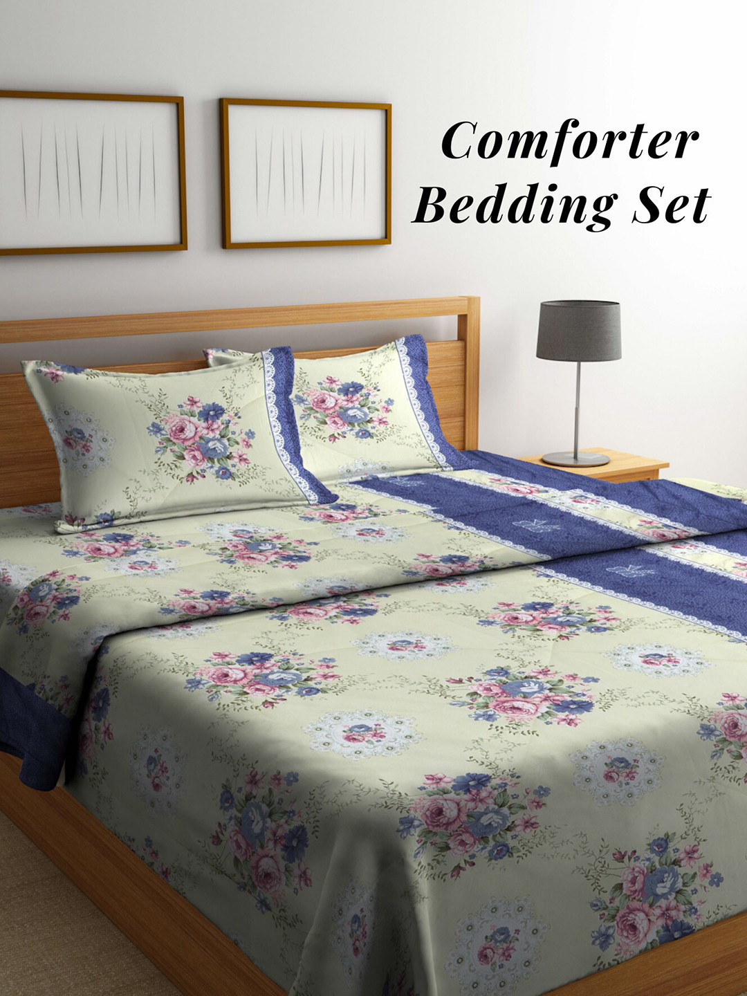 Arrabi Cream & Pink Floral Mild Winter 550 GSM Double Bed Comforter with 2 Pillow Covers
