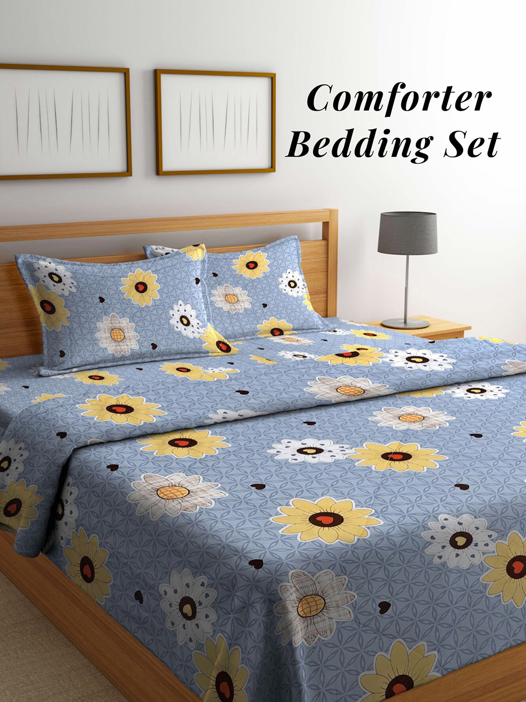 Arrabi Grey Floral Mild Winter Double Queen Fine Bedsheet With Pillow Covers & Comforter