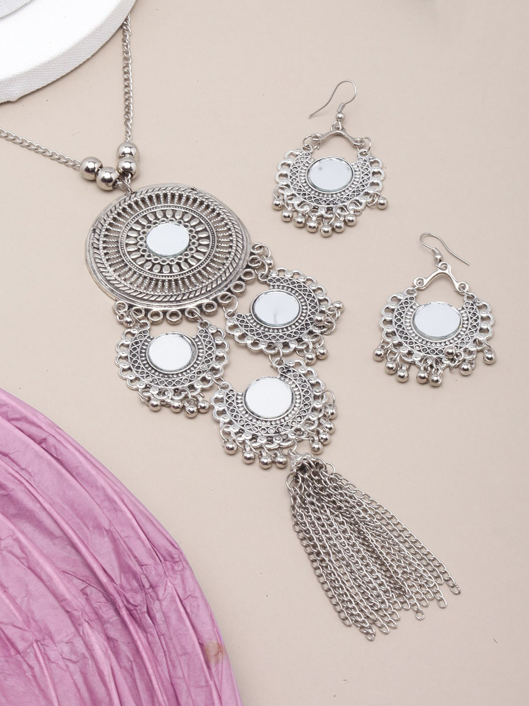 DIVA WALK Silver-Plated Mirror-Studded & Beaded Jewellery Set