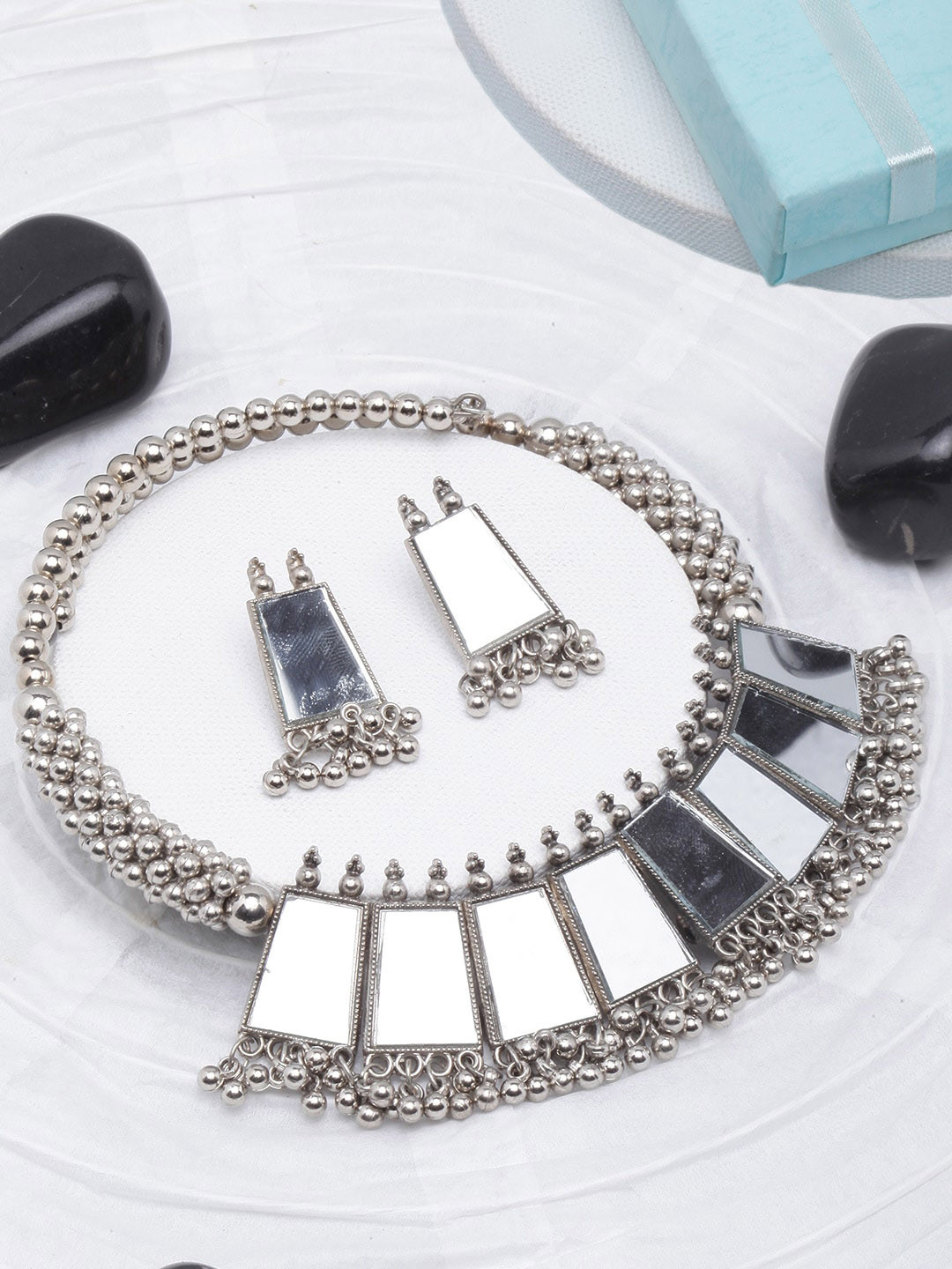 DIVA WALK Silver-Plated Mirror-Studded & Beaded Jewellery Set