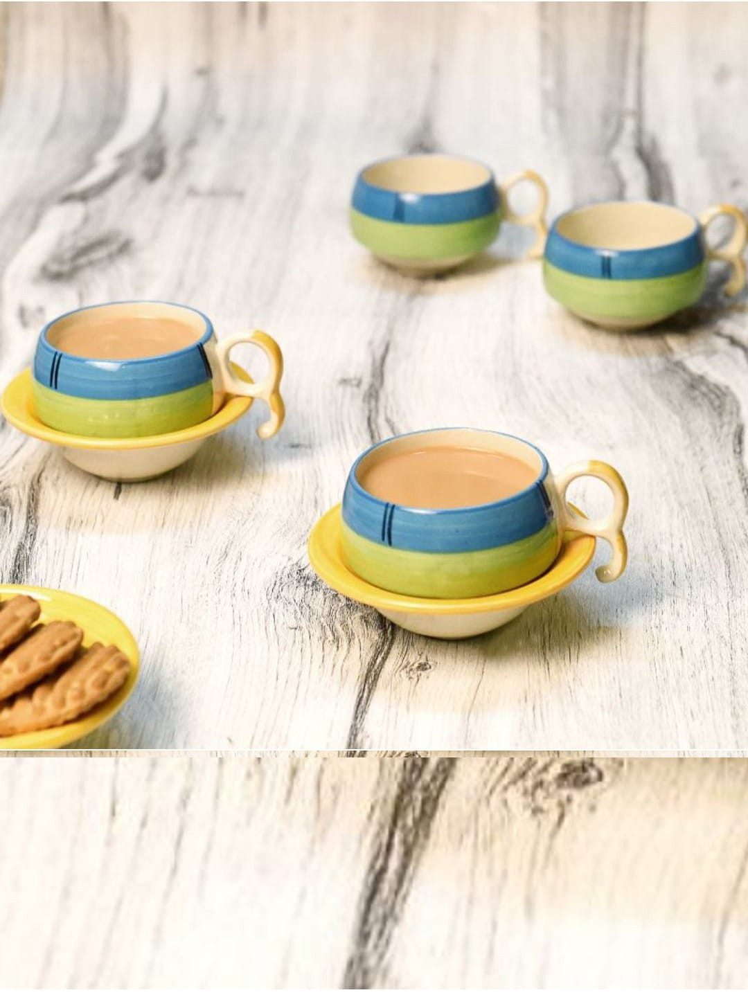 Unravel India Blue & Green Set of 6 Ceramic Glossy Cups and Saucers 110 ml Each