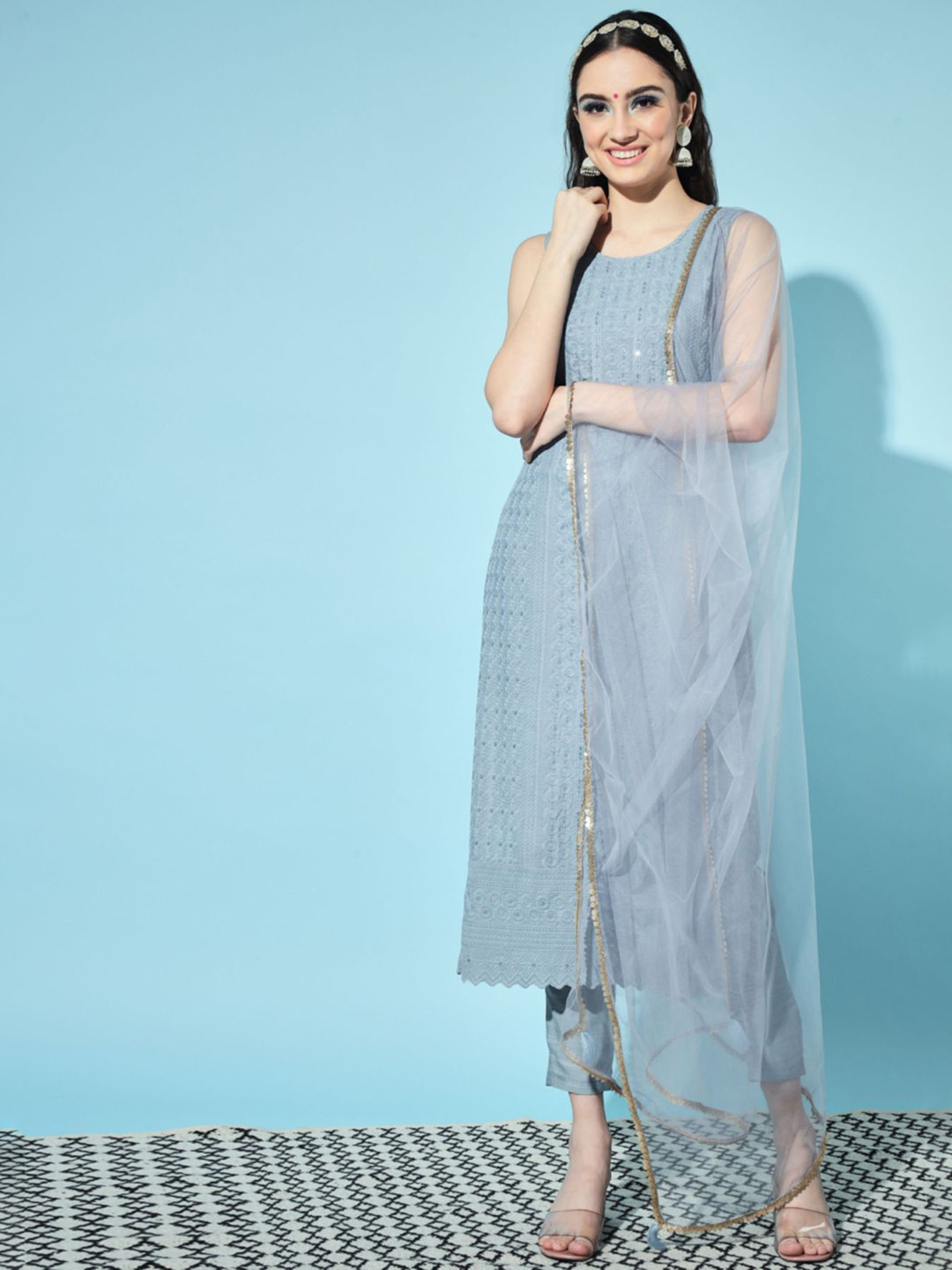 Shopping Queen Women Grey Floral Embroidered Thread Work Kurta with Trousers & Dupatta