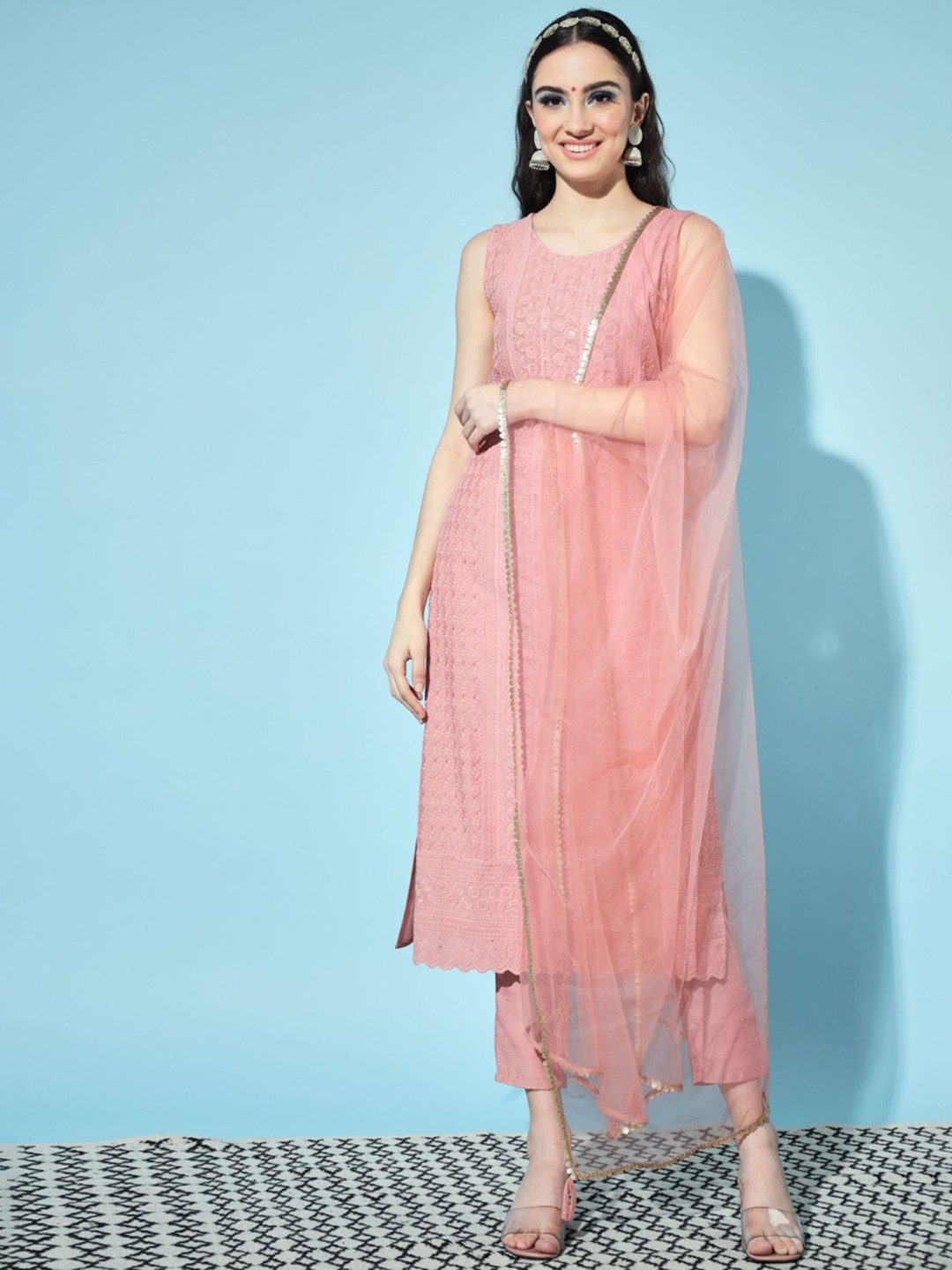 Shopping Queen Women Embroidered Thread Work Kurta With Trousers & With Dupatta