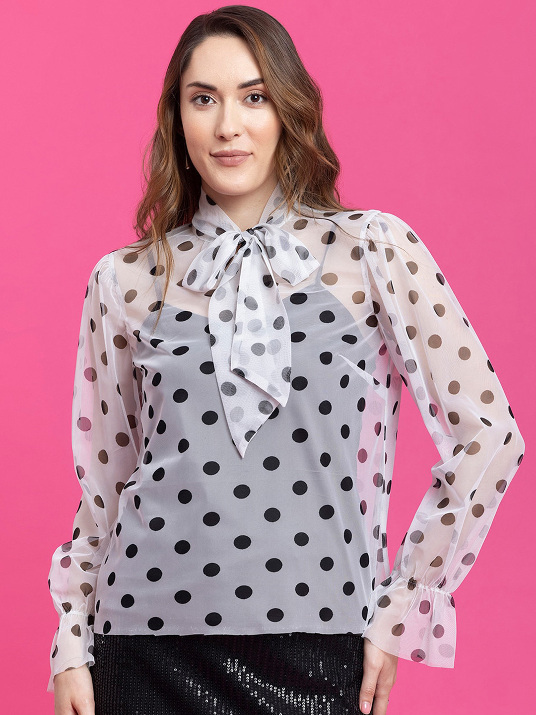 FableStreet Print Tie-Up Neck Net White Top