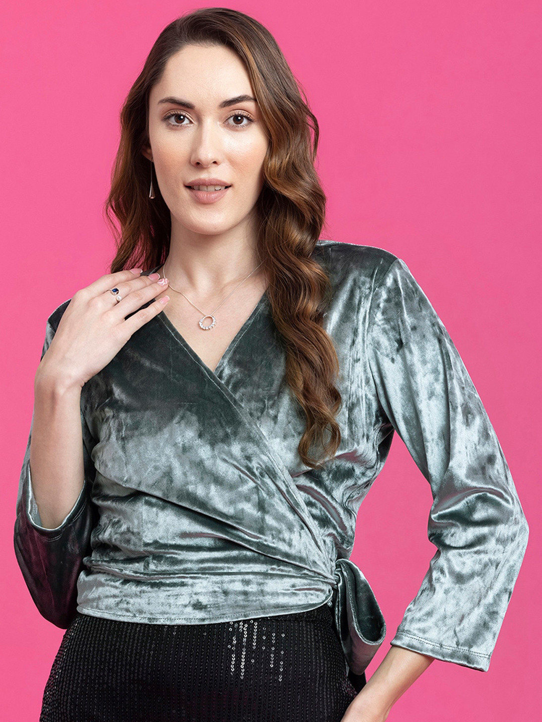 FableStreet Velvet Wrap Green Top