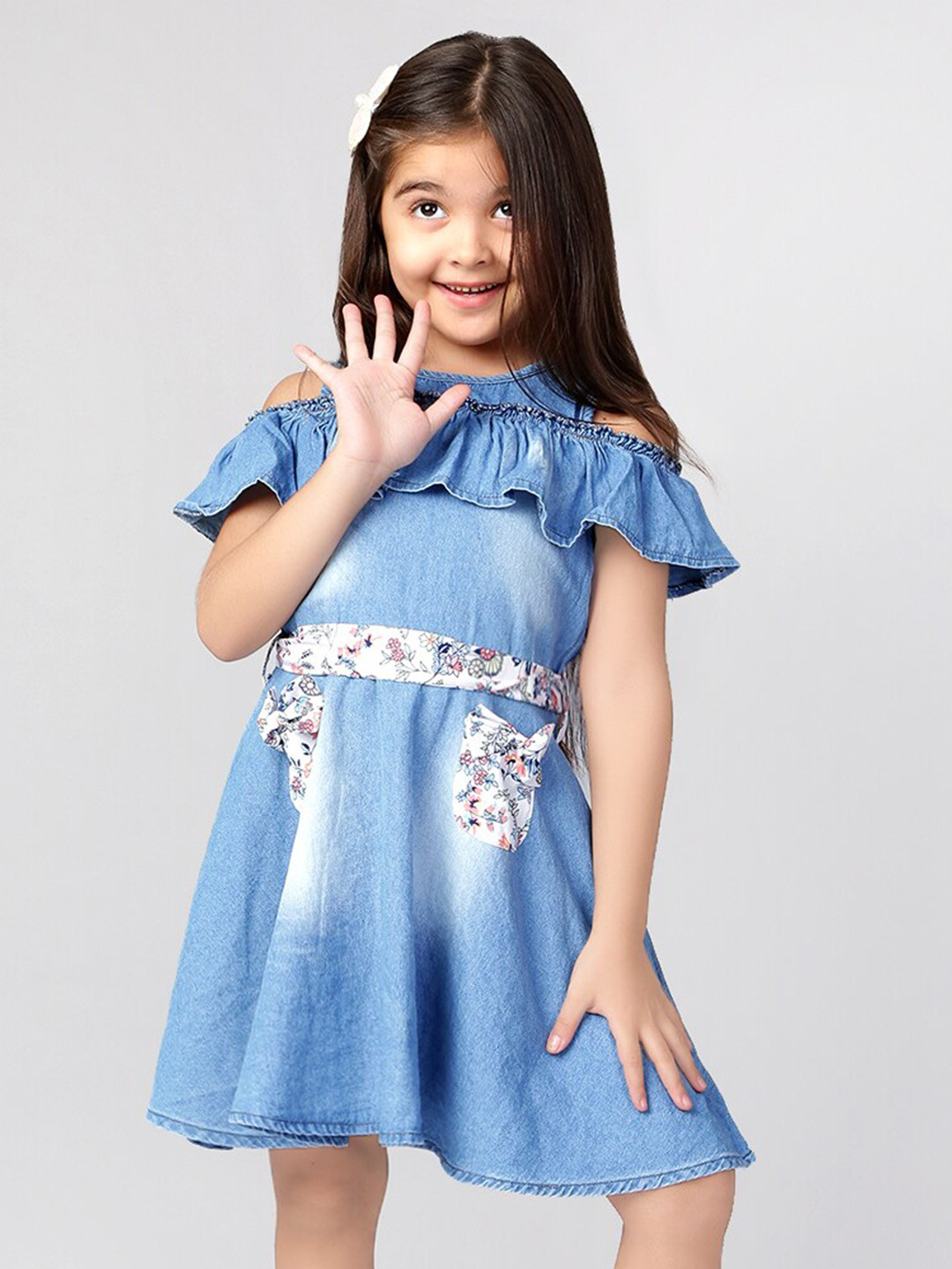 Naughty Ninos Belted Cold-Shoulder Sleeves Pure Cotton A-Line Dress