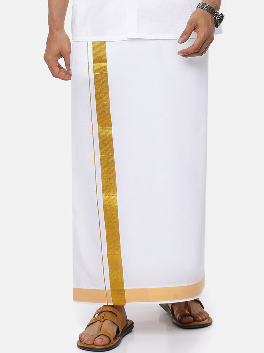 Ramraj Men Solid Gold Jari Border Single Layer Cotton Dhoti