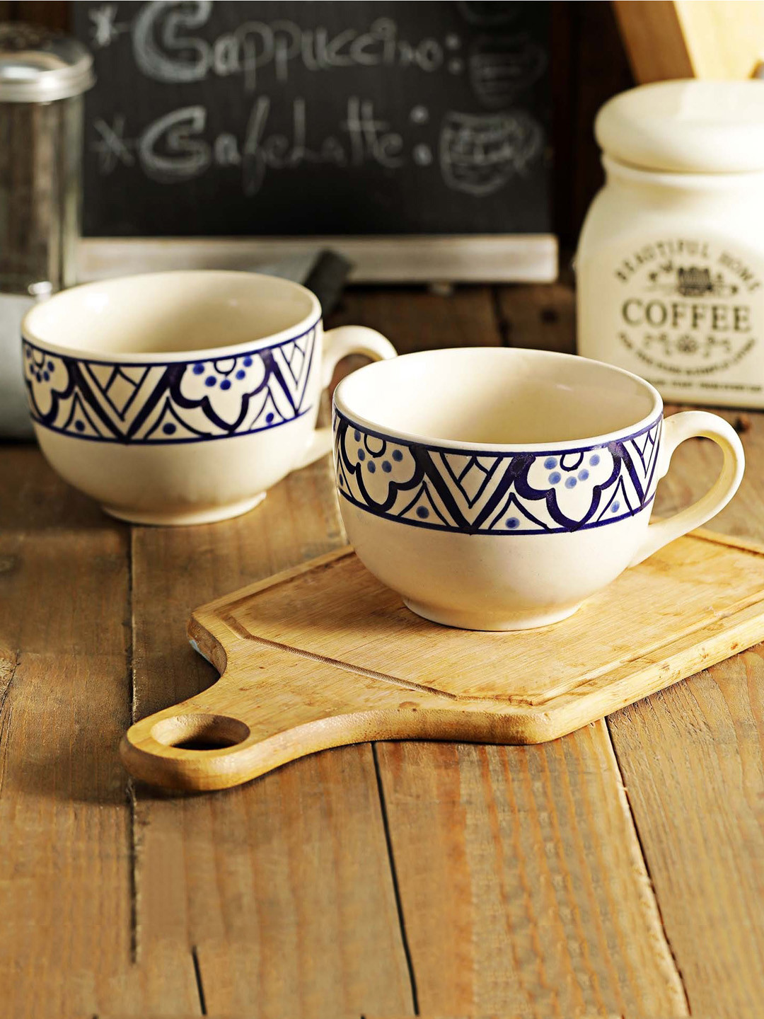 MIAH Decor Thermo Insulated Off White Geometric Ceramic Handmade 2 Piece Cups-340ml