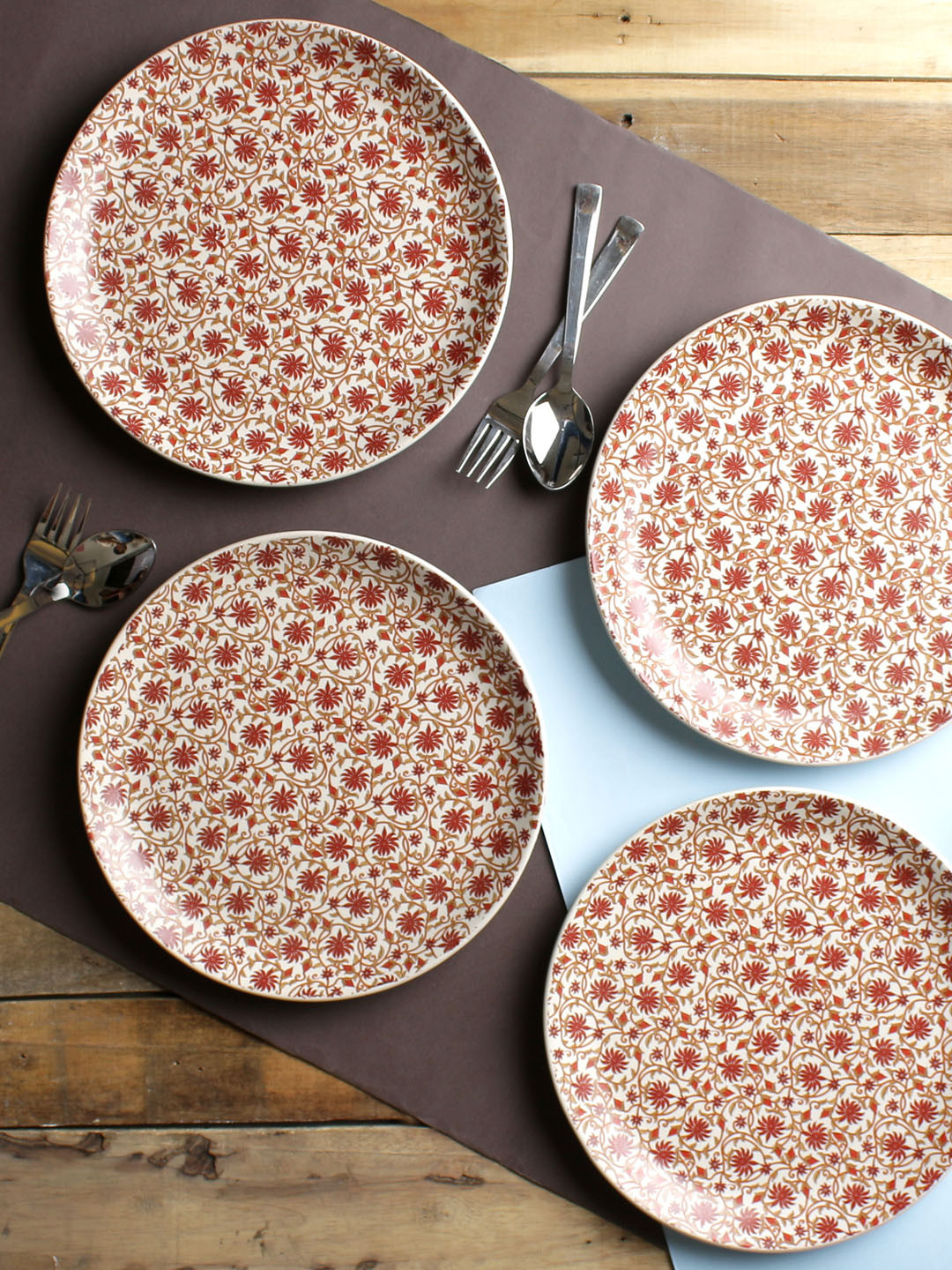 MIAH Decor Off-White & Red Set of 4 Handcrafted Ceramic Dinner Plates
