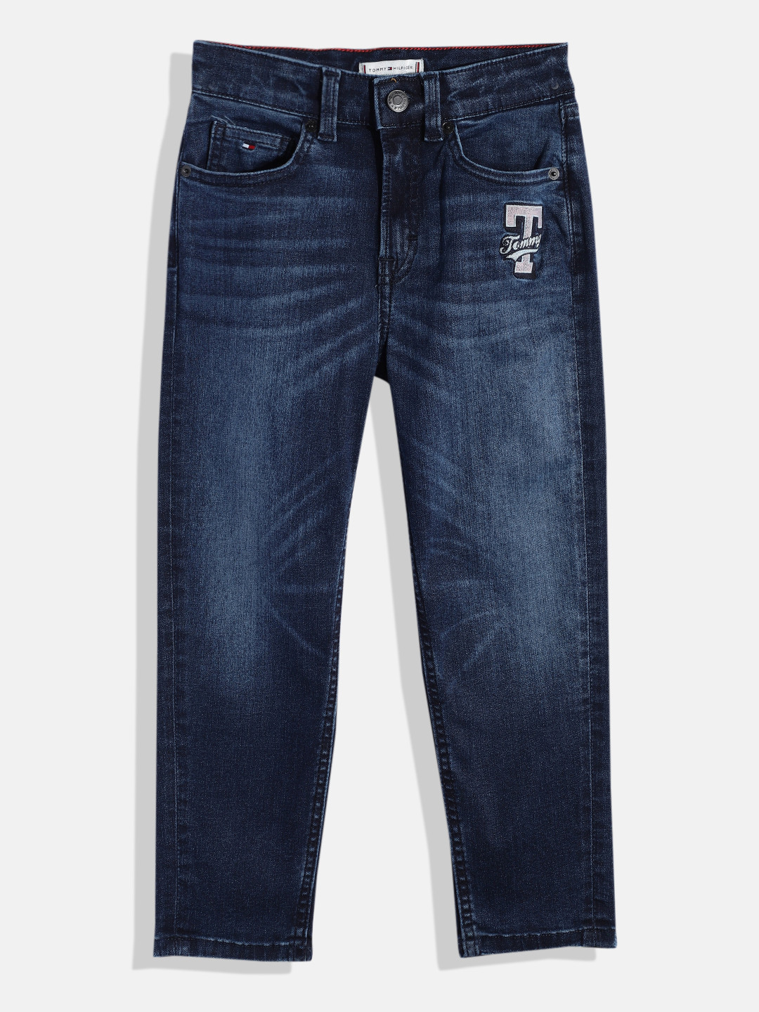 Tommy Hilfiger Girls Blue Heavy Fade Embroidered Stretchable Tapered Fit Sustainable Jeans